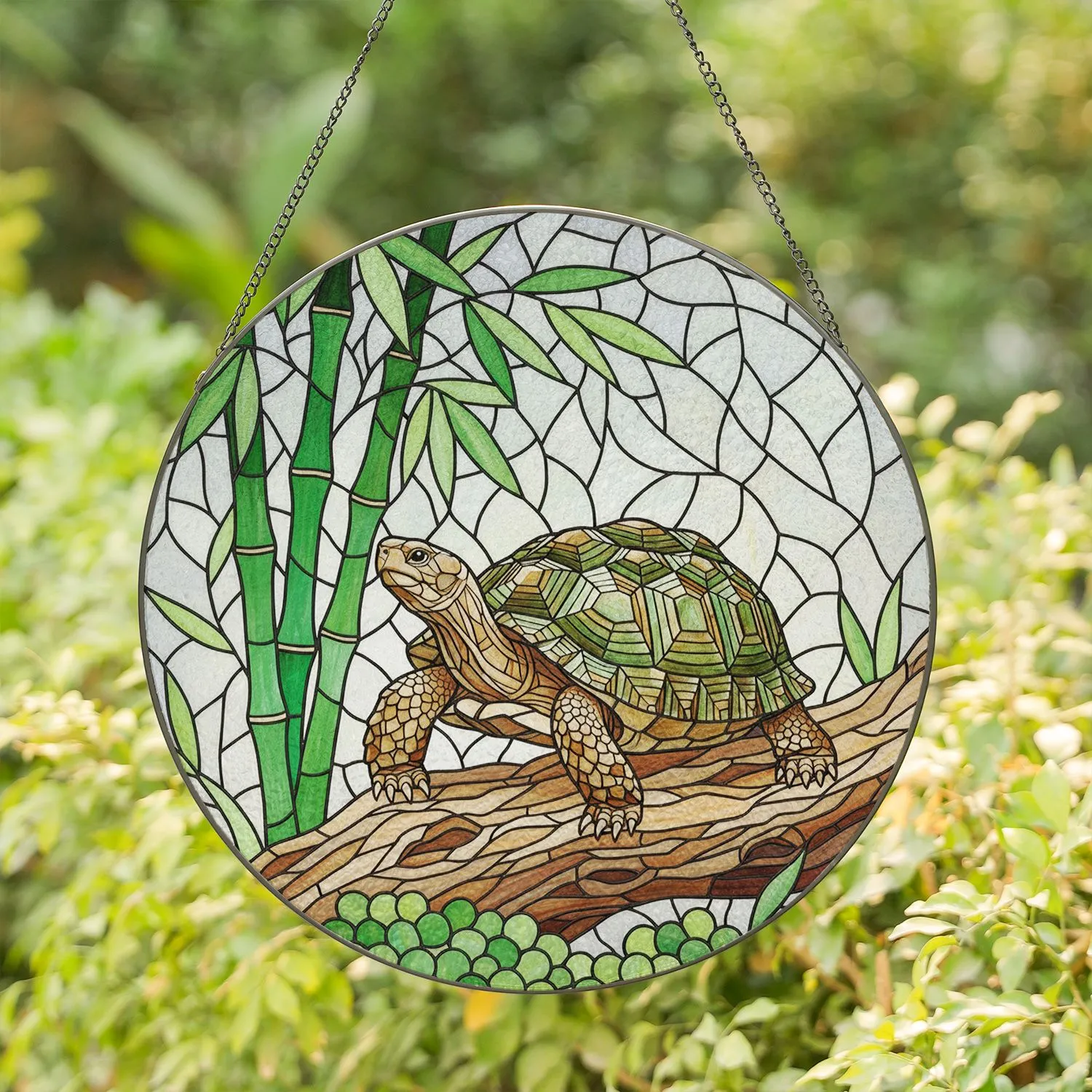 Tortoise Patterned Shell Bamboo Stained Glass Wildlife Lover Home Decor Gift Stained Glass Suncatcher - 1