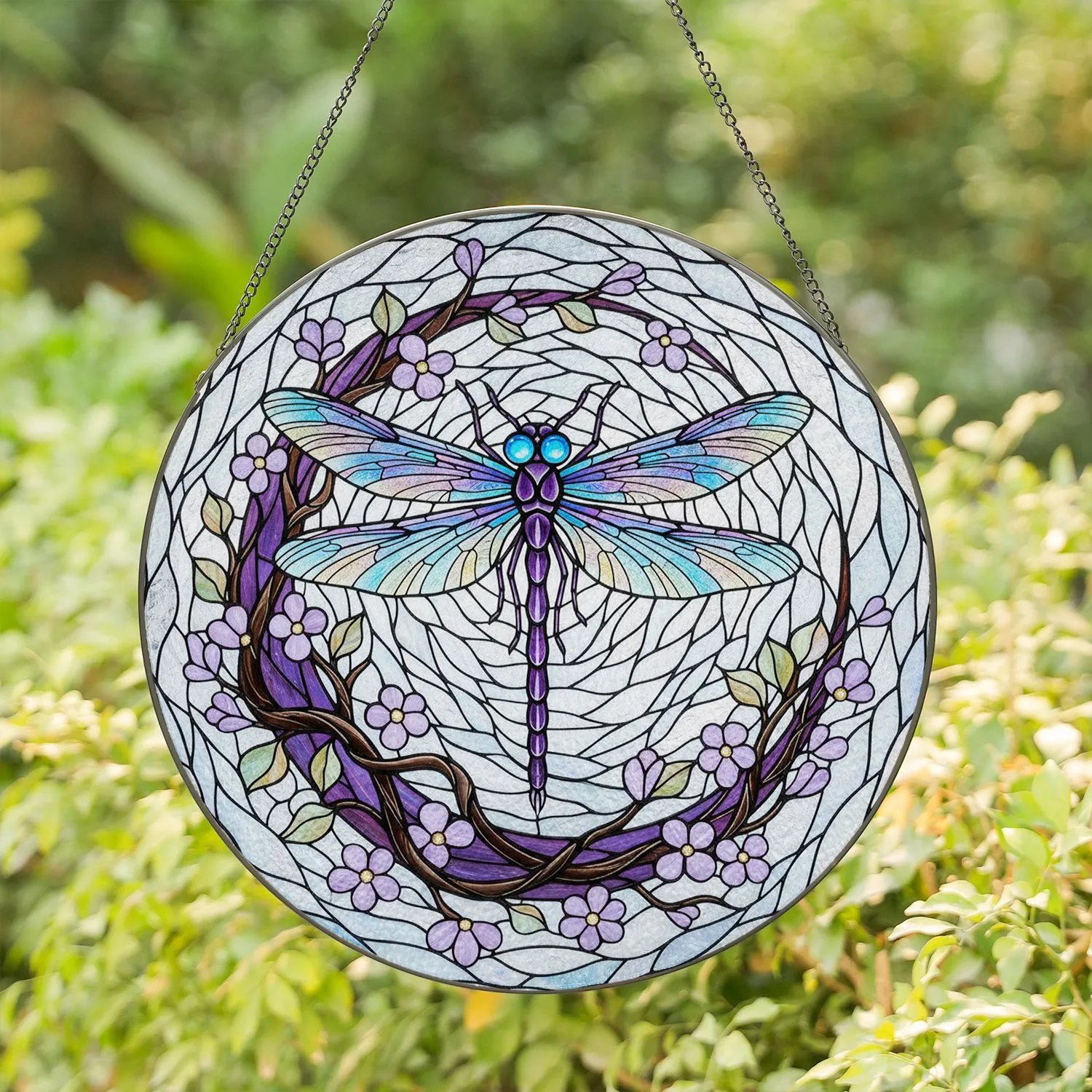 Dragonfly Blue Eyes Crescent Moon Branches Flowers - Home Decor Gift for Wildlife Lovers Stained Glass Suncatcher - 1