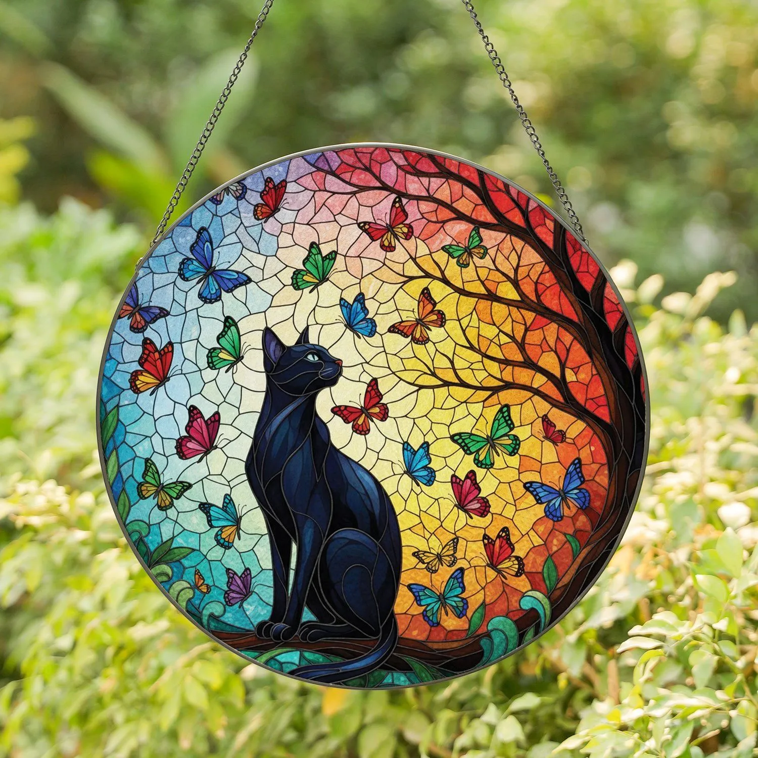 Sleek Black Cat Butterfly Tree Sky Gradient Luminous Mosaic - Home Decor Gift Stained Glass Suncatcher - 1