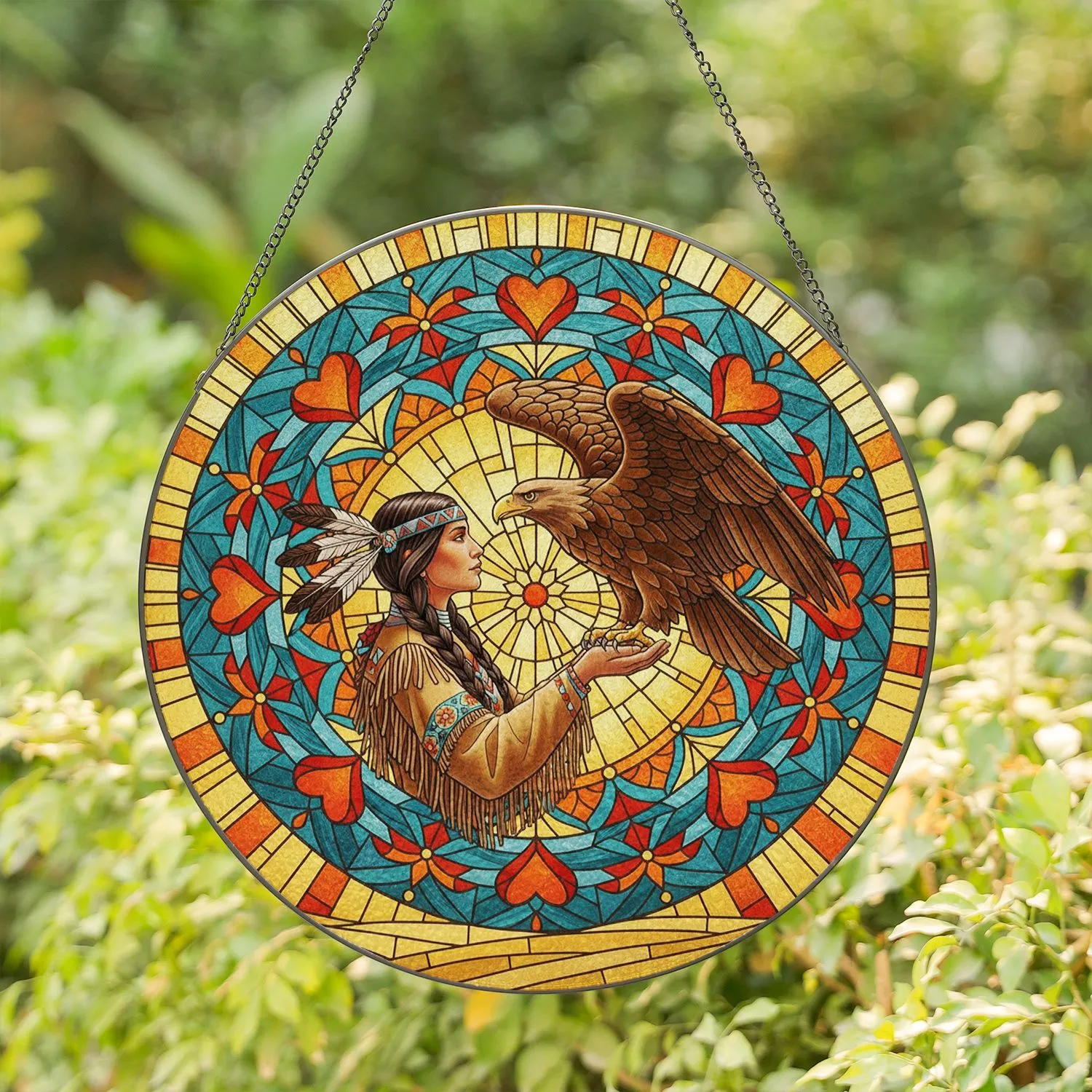 Native American Woman Eagle Traditional Prairie Sun Rays - Home Decor Gift Stained Glass Suncatcher - 1