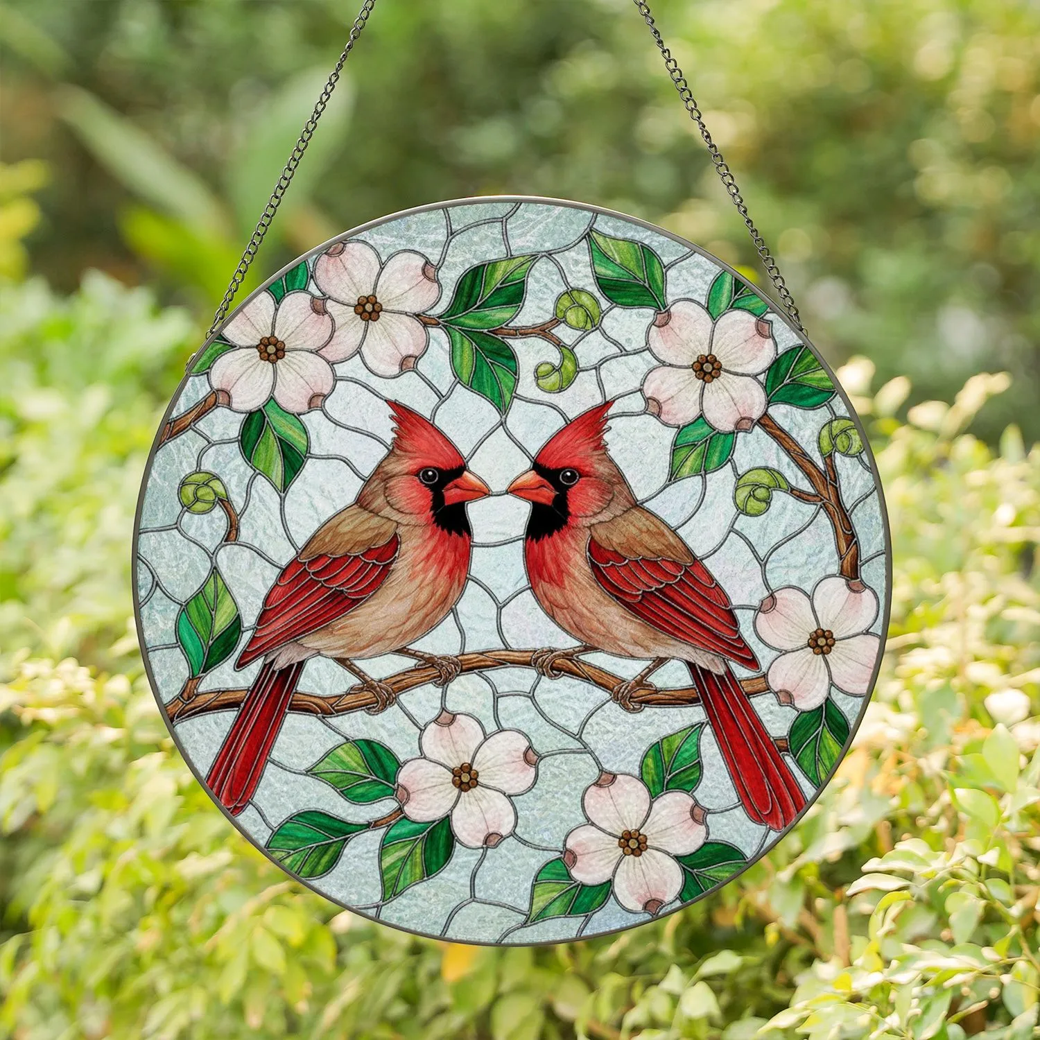 Northern Cardinals Perched Dogwood Blossoms Branch Scene - Home Decor Wildlife Lover Gift Stained Glass Suncatcher - 1