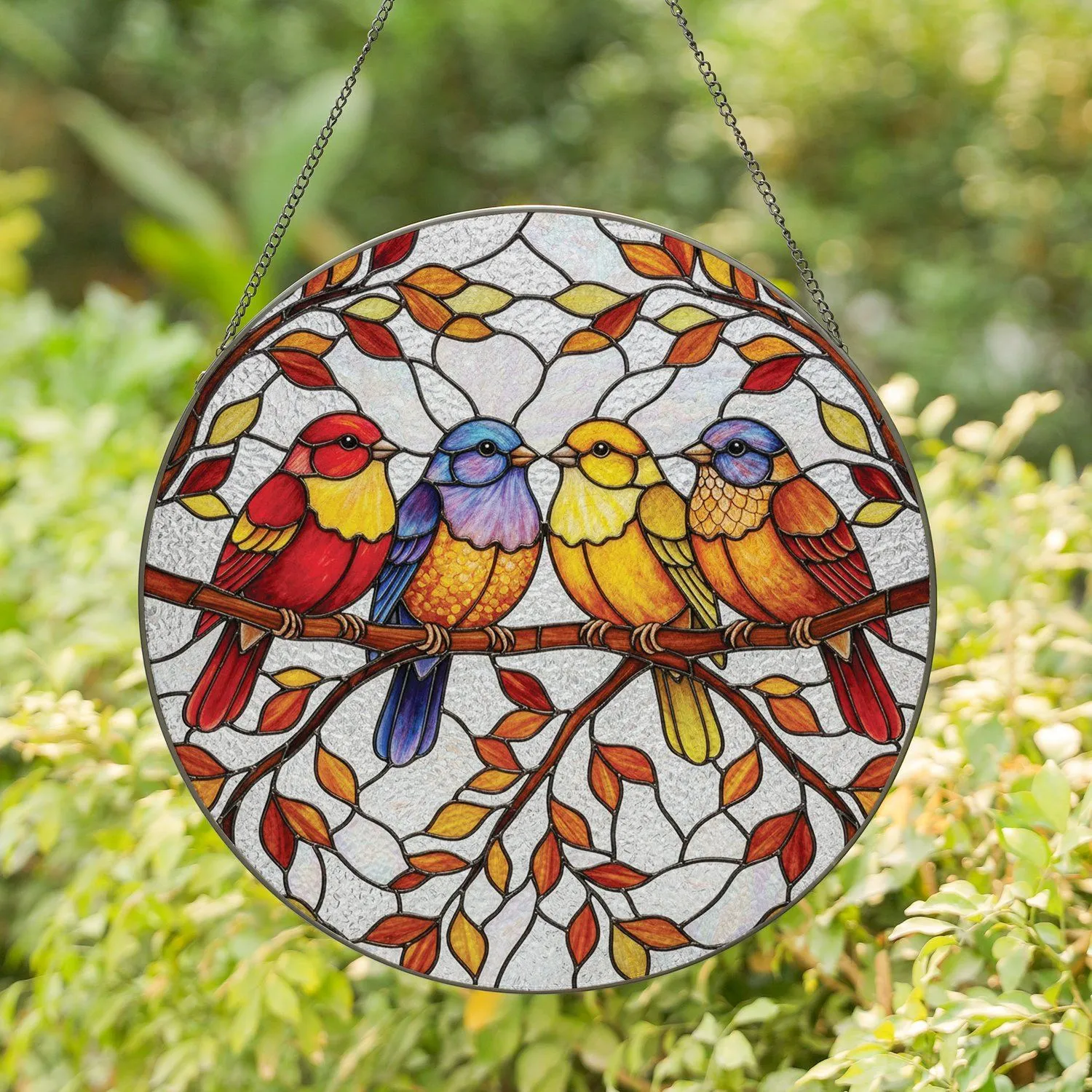 Five Birds Branch Autumn Leaves Stained Glass - Home Decor Gift for Bird Lover Stained Glass Suncatcher - 1