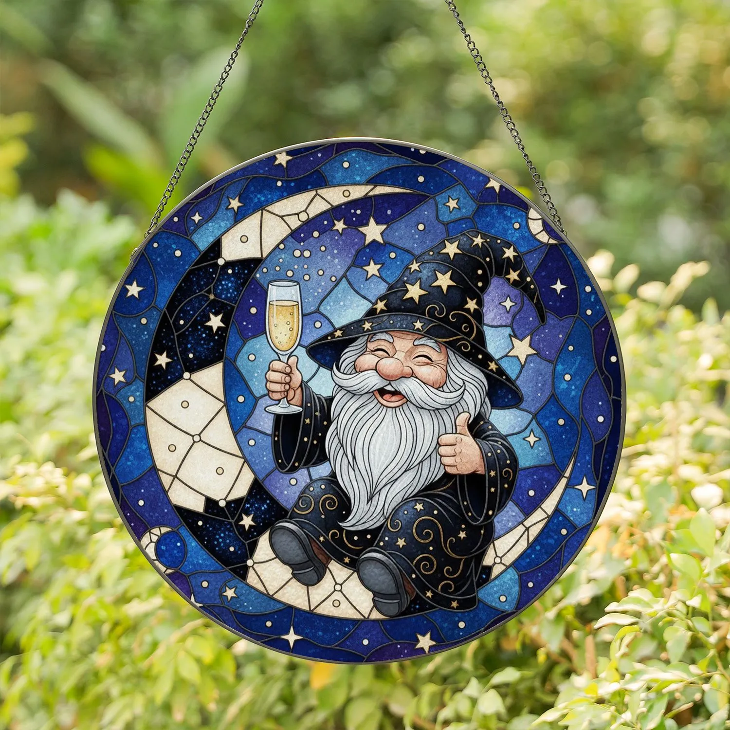 Gnome Wizard Hat Moon Stars Champagne Toast - Celestial Home Decor Gift Stained Glass Suncatcher - 1