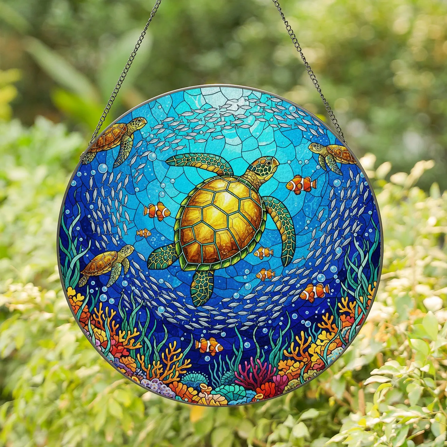 Sea Turtles Tropical Fish Coral Reef - Ocean Home Decor Gift for Wildlife Lovers Stained Glass Suncatcher - 1