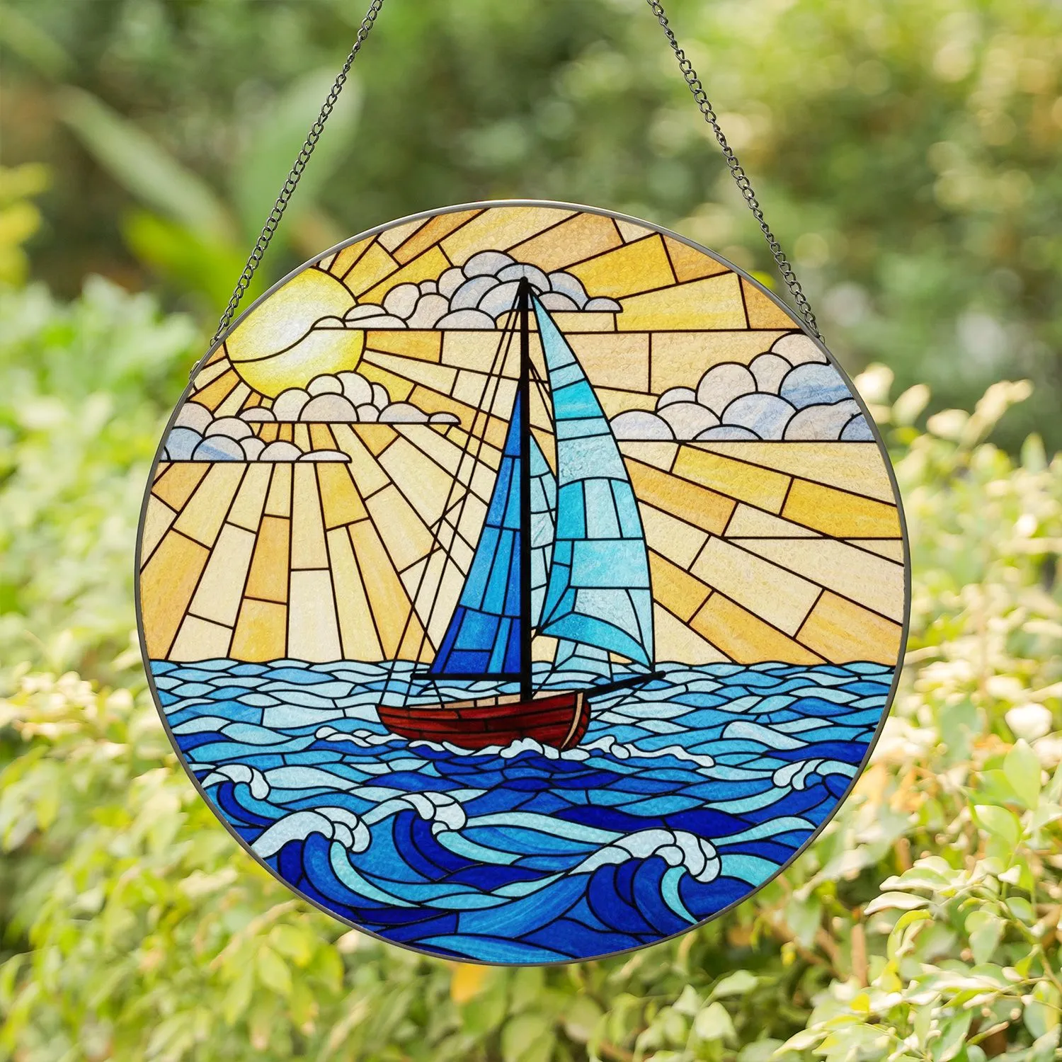 Sailboat Ocean Waves Sun Clouds - Coastal Home Decor Gift for Ocean Lover and Sailor Stained Glass Suncatcher - 1