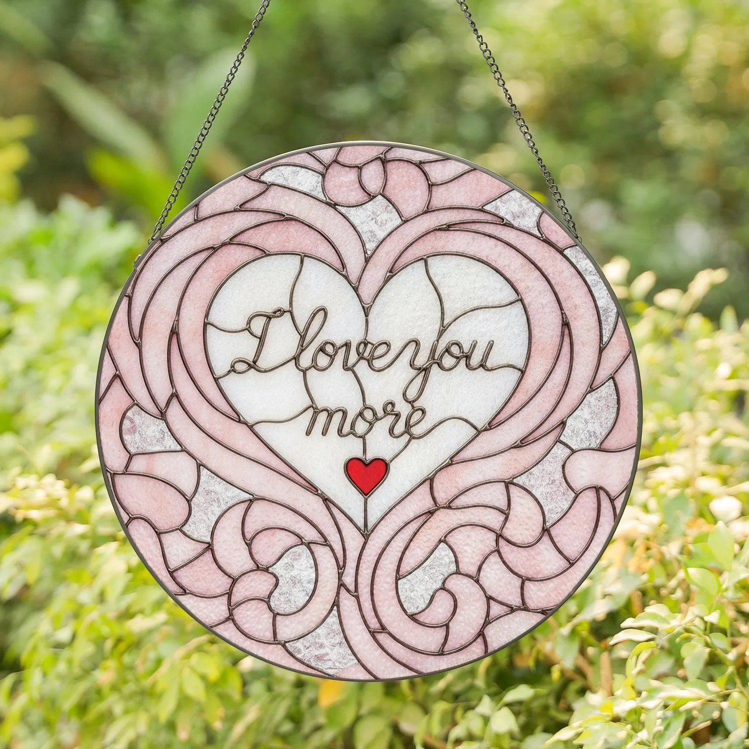 Luminous White Opalescent Heart 'I Love You More' Ruby Blush Swirl - Romantic Home Decor Gift Stained Glass Suncatcher - 1