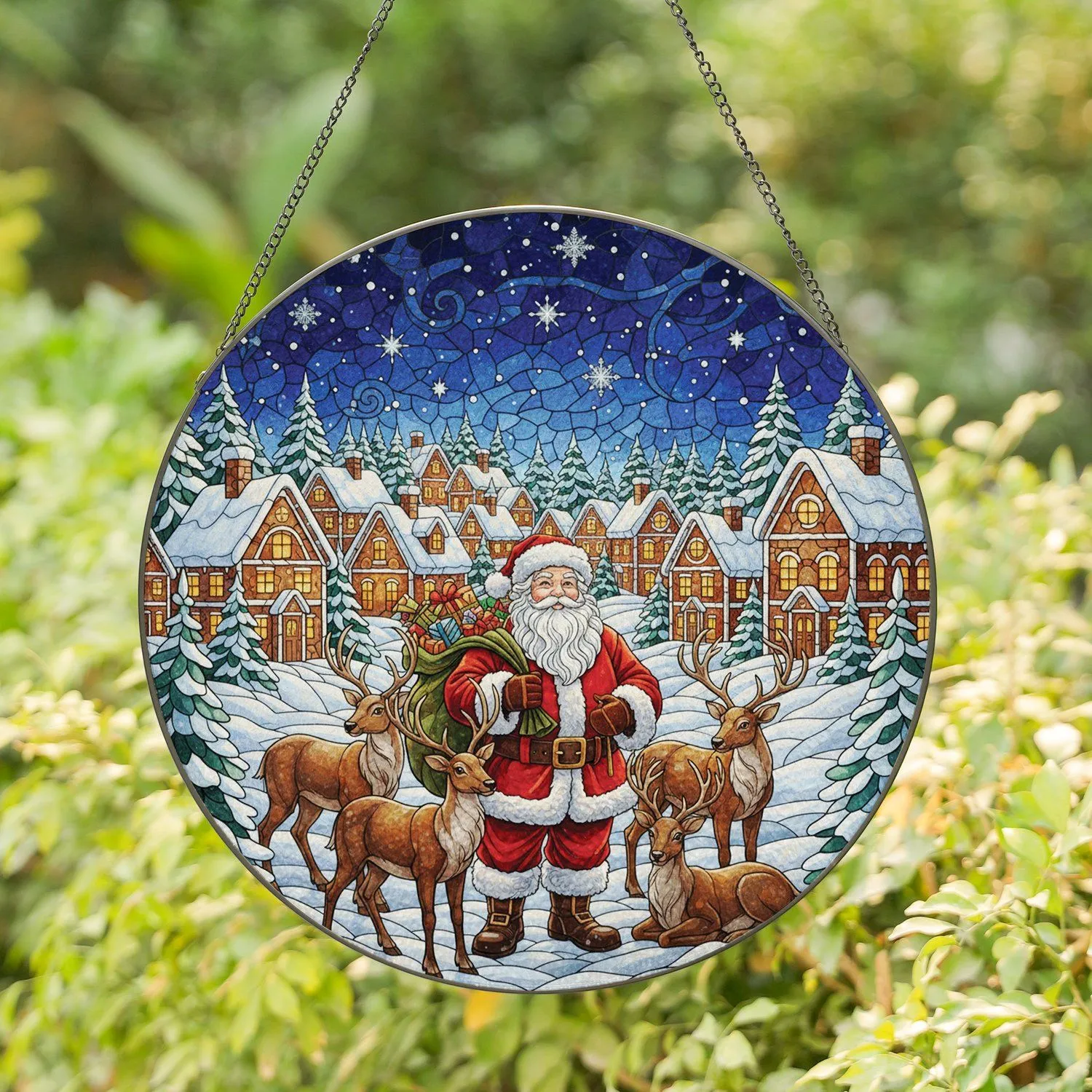 Bearded Santa Claus Reindeer Snowy Village Winter Landscape - Christmas Home Decor Gift Stained Glass Suncatcher - 1