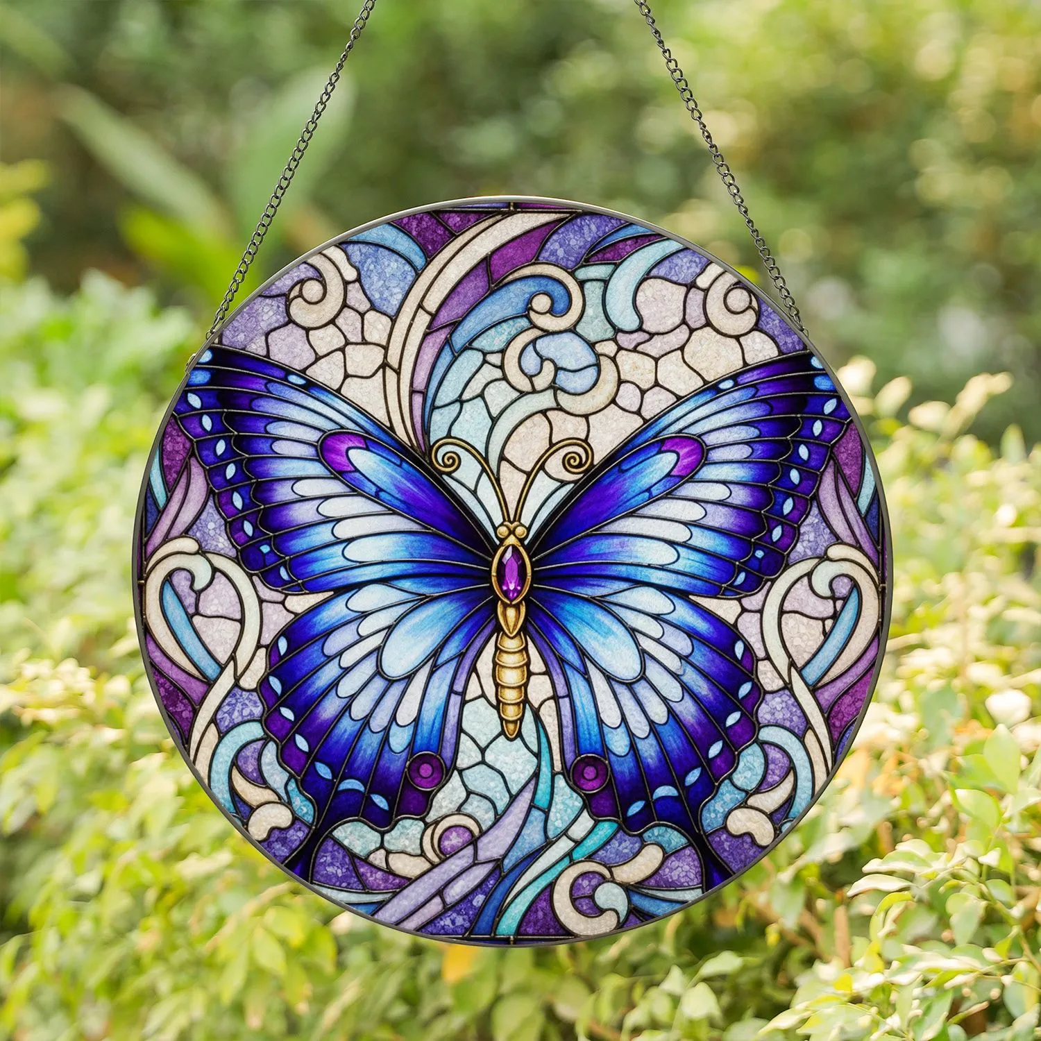 Majestic Butterfly Jewel Swirling Botanical Mosaic - Luminous Window Decor Gift Stained Glass Suncatcher - 1