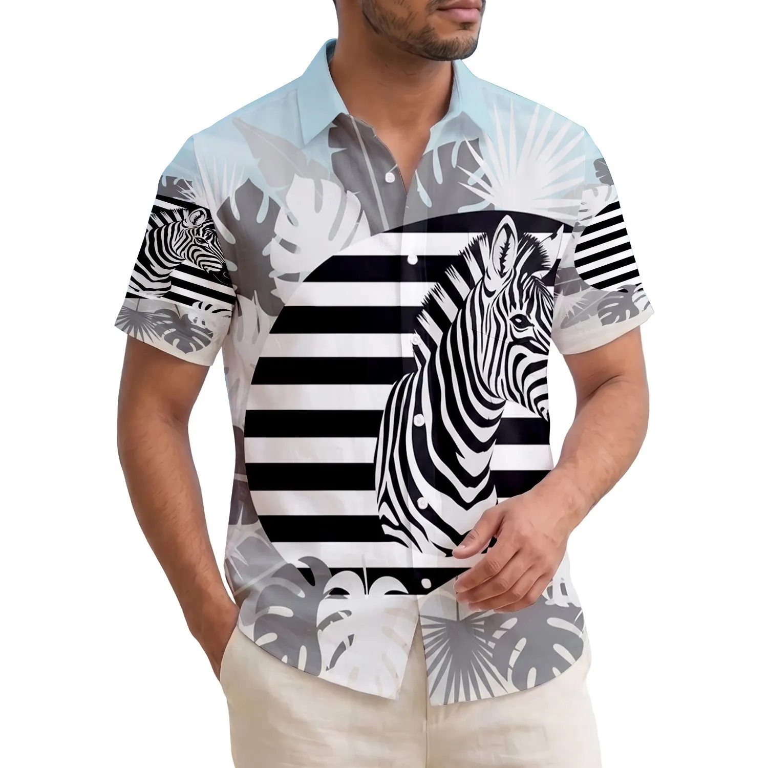 Zebra Tropical Leaves Beach Ocean Bold Warped Stripe - Wildlife Lover Gift Hawaiian Shirt - 1