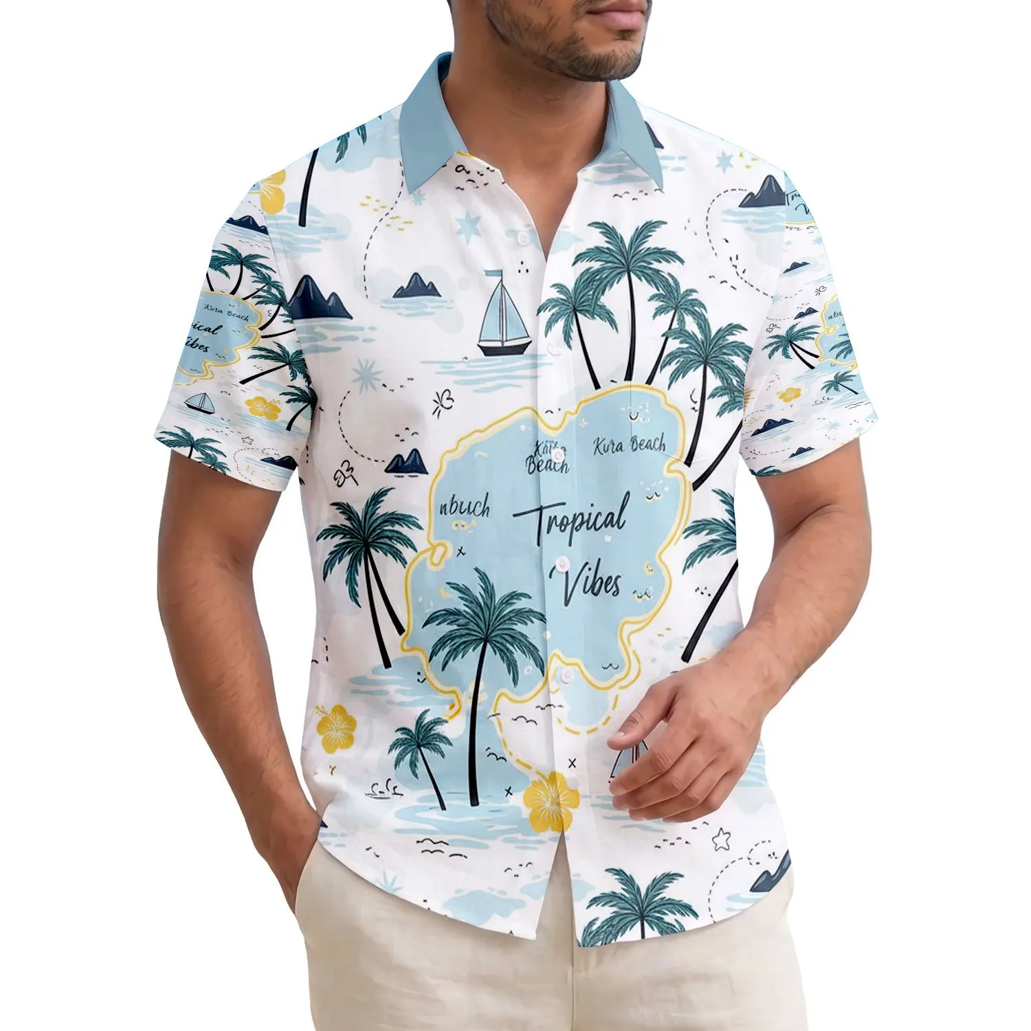 Island Map Beach Names Palm Trees Hibiscus Sun - Vacation Getaway Gift Hawaiian Shirt - 1