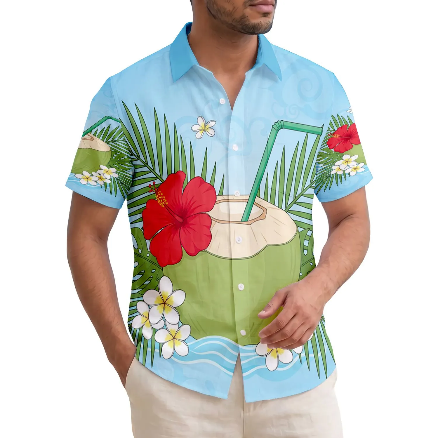 Coconut Drink Red Hibiscus Palm Plumeria Ocean Ripples - Vacation Essentials Hawaiian Shirt - 1