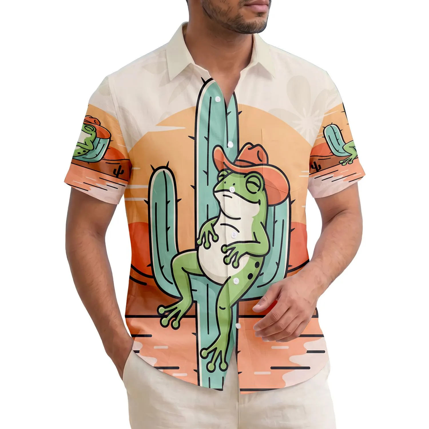 Relaxed Frog Cowboy Hat Saguaro Cactus Desert Sunset - Wildlife Lover Home Decor Hawaiian Shirt - 1