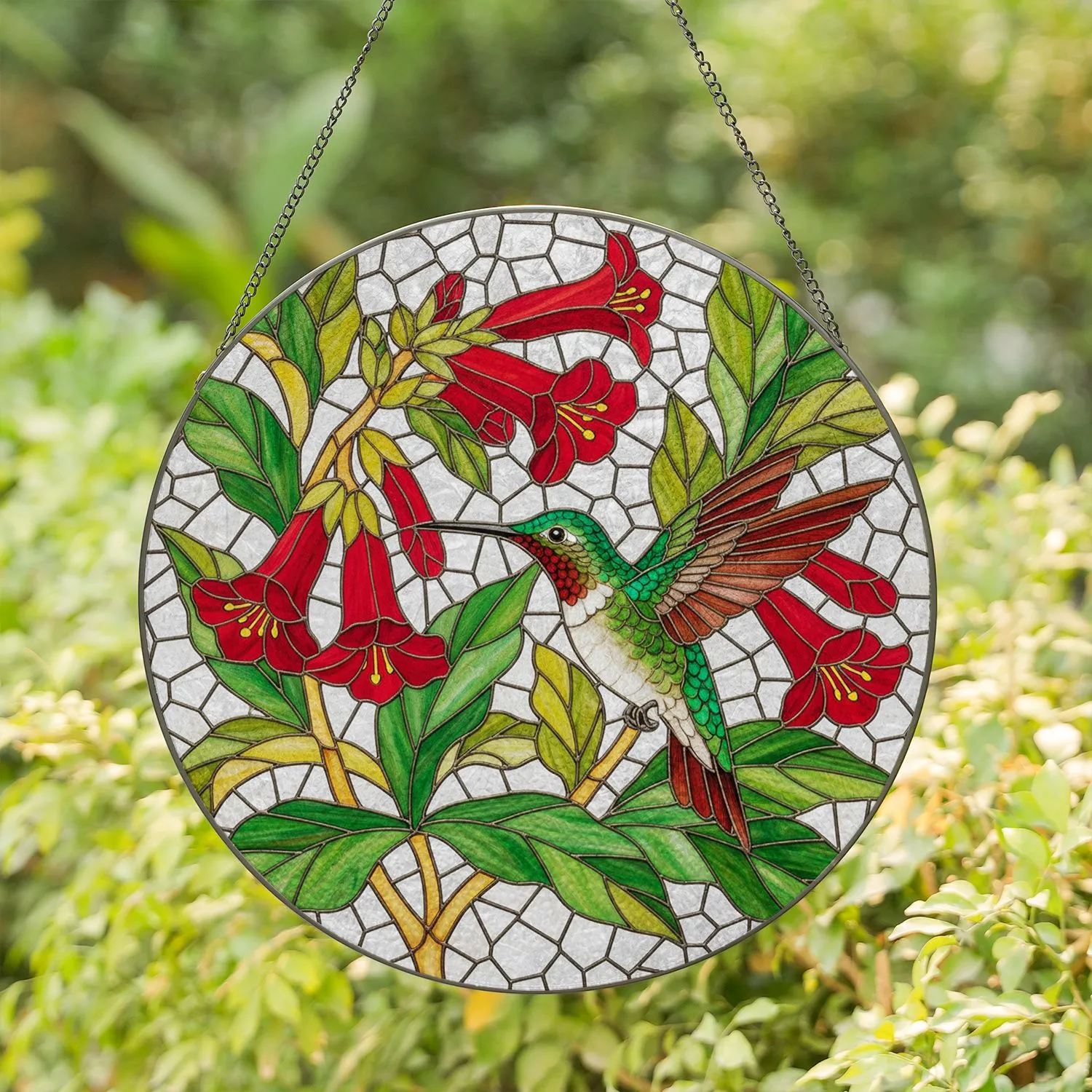 Hummingbird Red Flowers Botanical - Wildlife Home Decor Gift Stained Glass Suncatcher - 1