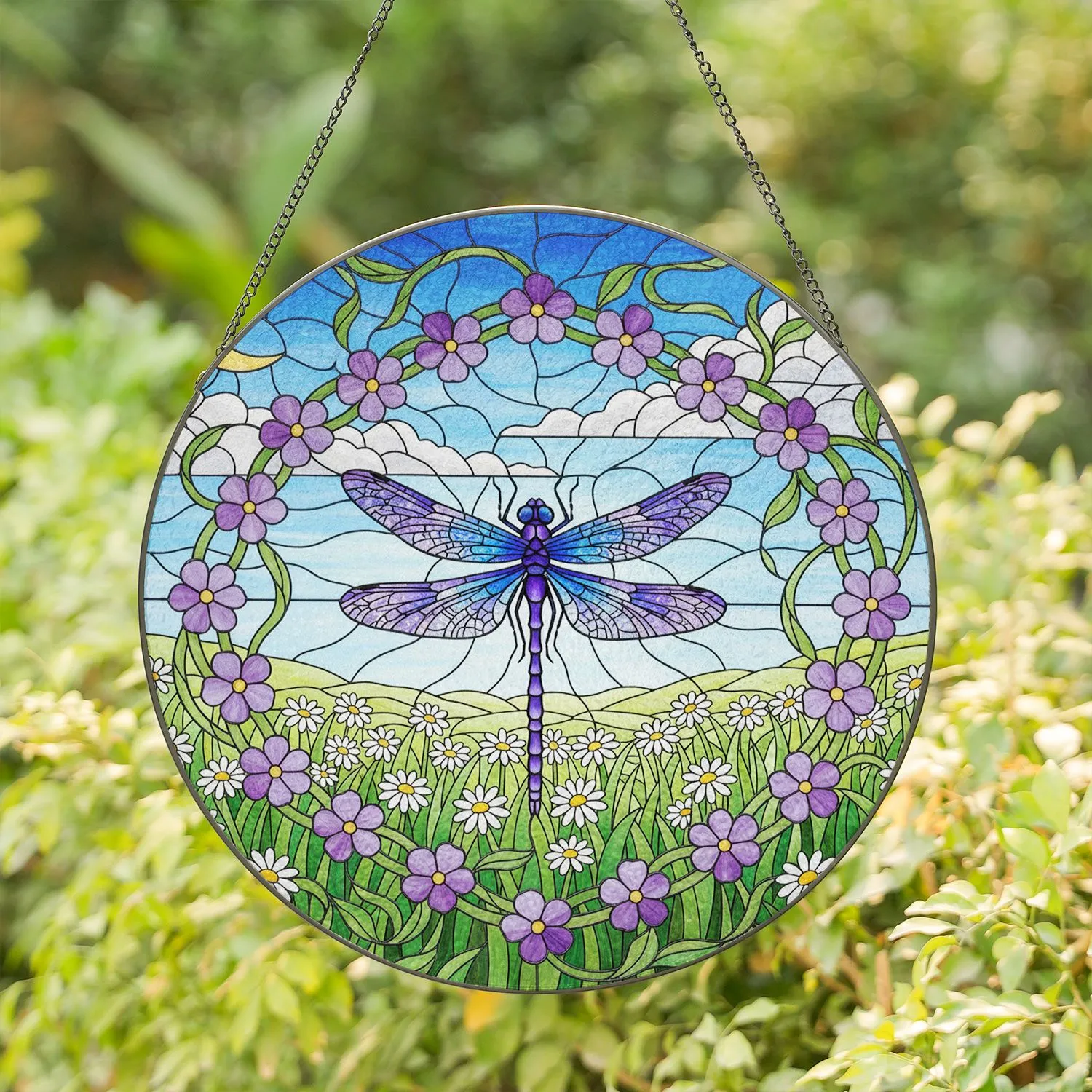 Stained Glass Dragonfly Purple Flowers Golden Moon Daisy Field Home Decor Gift Stained Glass Suncatcher - 1