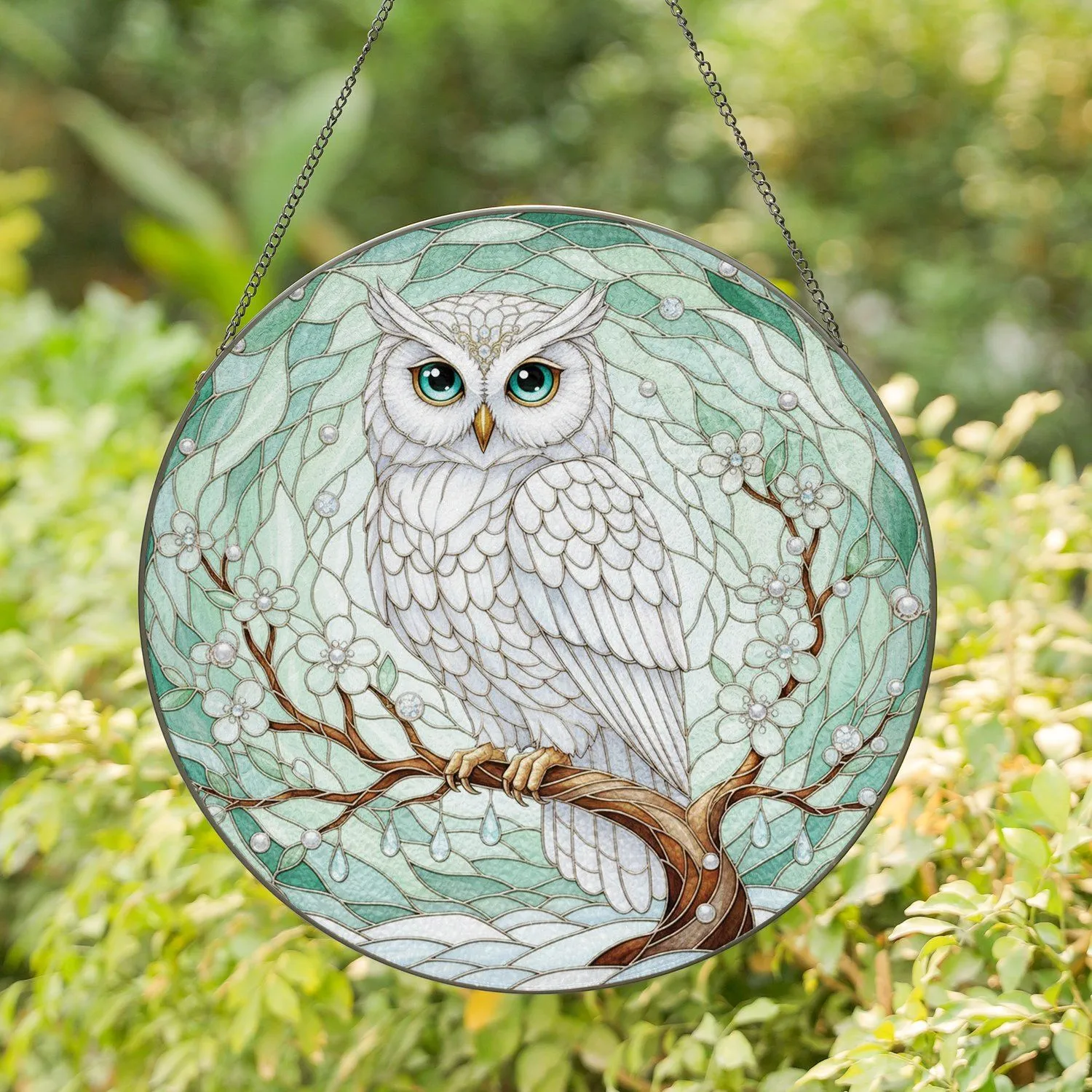 White Owl Perched Branch Crystal Dew Blossoms - Home Decor Gift for Owl Lovers Stained Glass Suncatcher - 1
