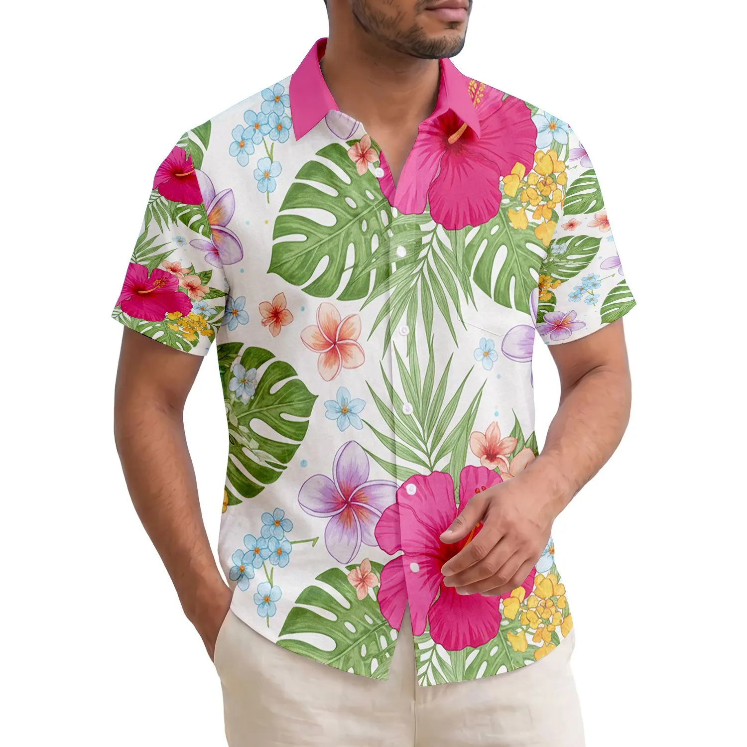 Hibiscus Plumeria Tropical Blossoms Monstera Leaves - Tropical Home Decor Gift Hawaiian Shirt - 1