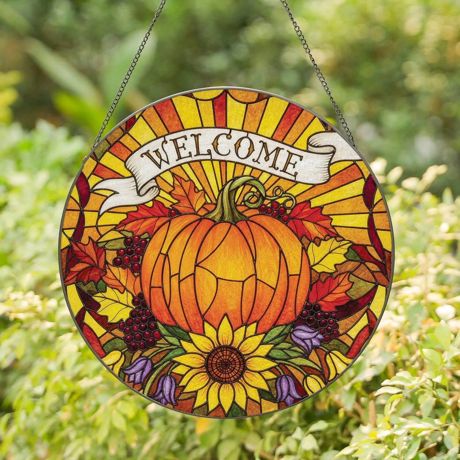 Orange Pumpkin Welcome Sunflower Autumn Leaves - Fall Home Decor Gift Stained Glass Suncatcher - 1