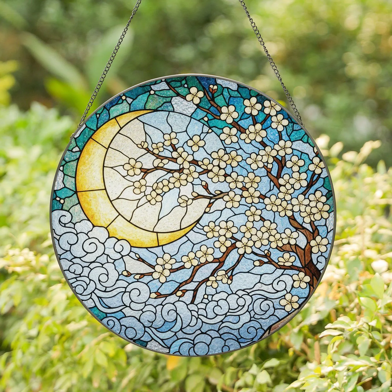 Golden Crescent Moon Cherry Blossom Flowering Tree - Home Decor Gift Stained Glass Suncatcher - 1