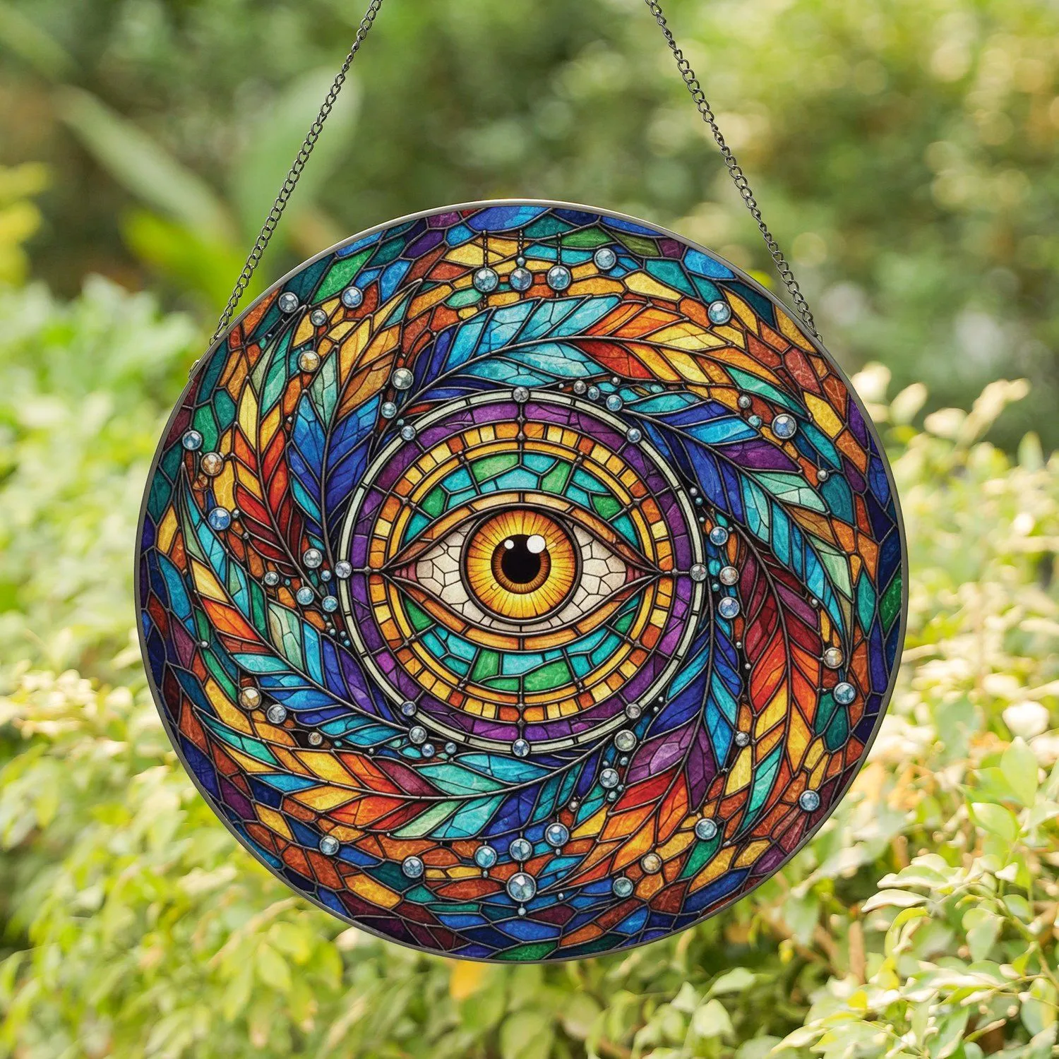 Watchful Eye Stained Glass Feathers Mosaic - Home Decor Gift Stained Glass Suncatcher - 1