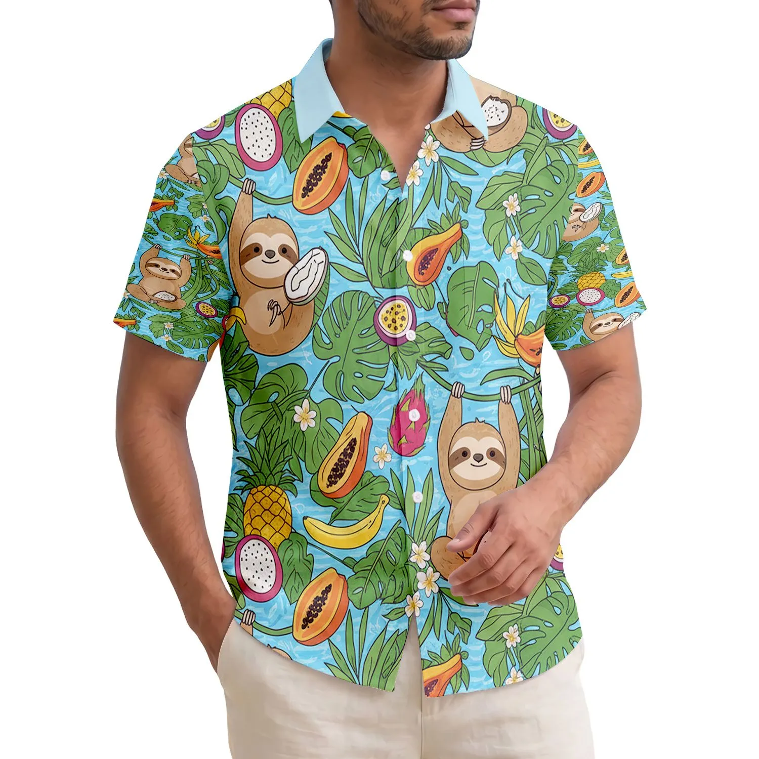 Cheerful Sloths Tropical Fruits Palm Fronds - Wildlife Lover Home Decor Gift Hawaiian Shirt - 1