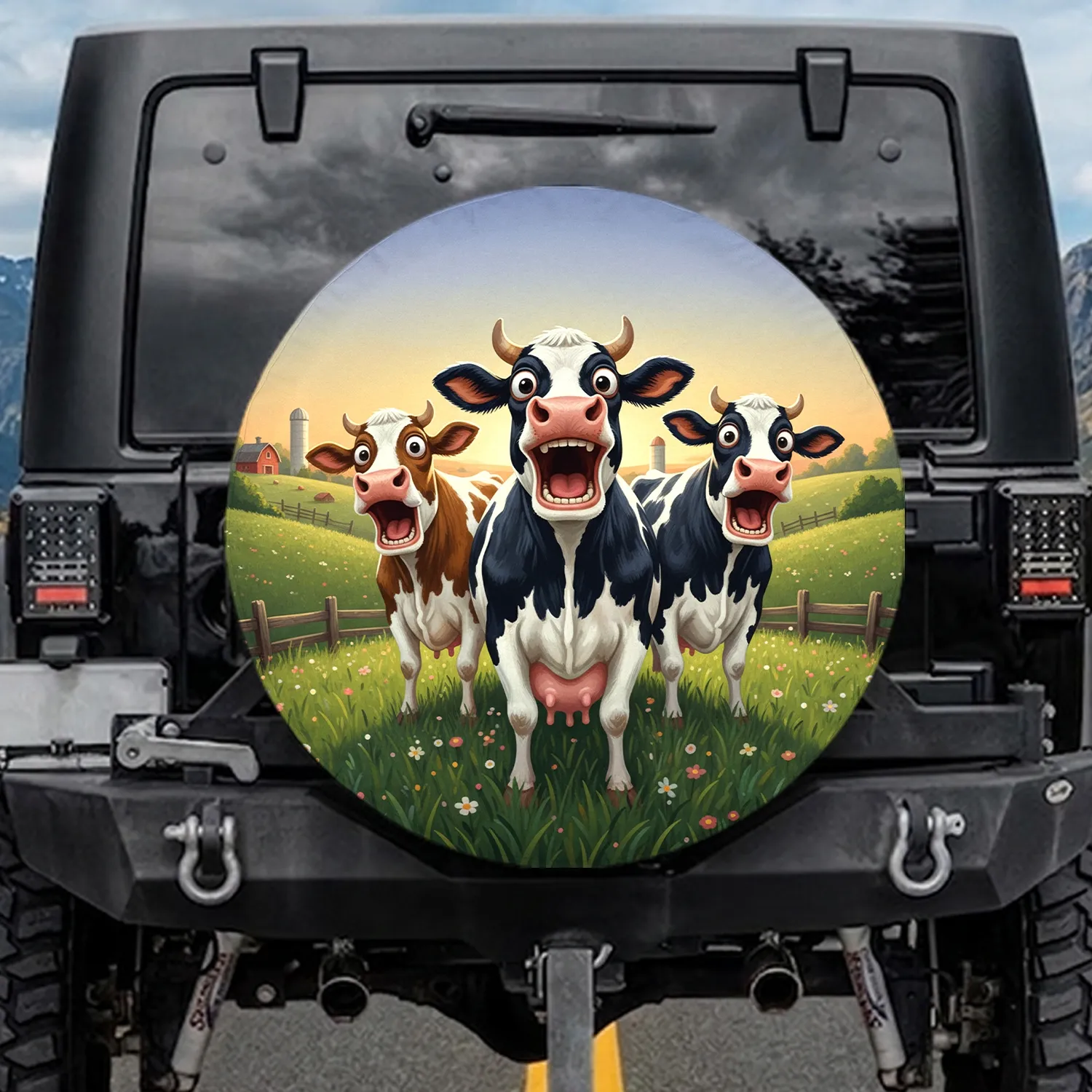 Expressive Comical Dairy Cows - Farmhouse Home Decor Gift for Cow Lover Spare Tire Cover - 1