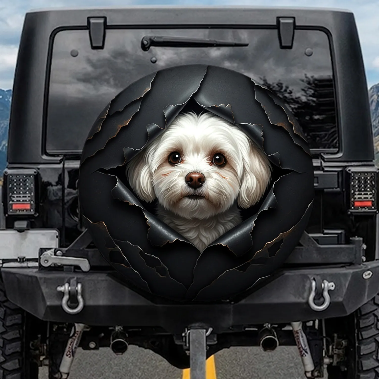 Curious Fluffy Maltese Dog Peeking Torn Metallic Plate - Pet Lover Gift for Car Owners Spare Tire Cover - 1
