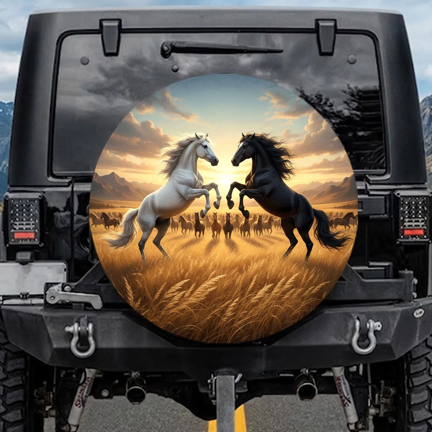 Black White Rearing Horses Wild Herd Golden Prairie - Wildlife Lover Gift Spare Tire Cover - 1