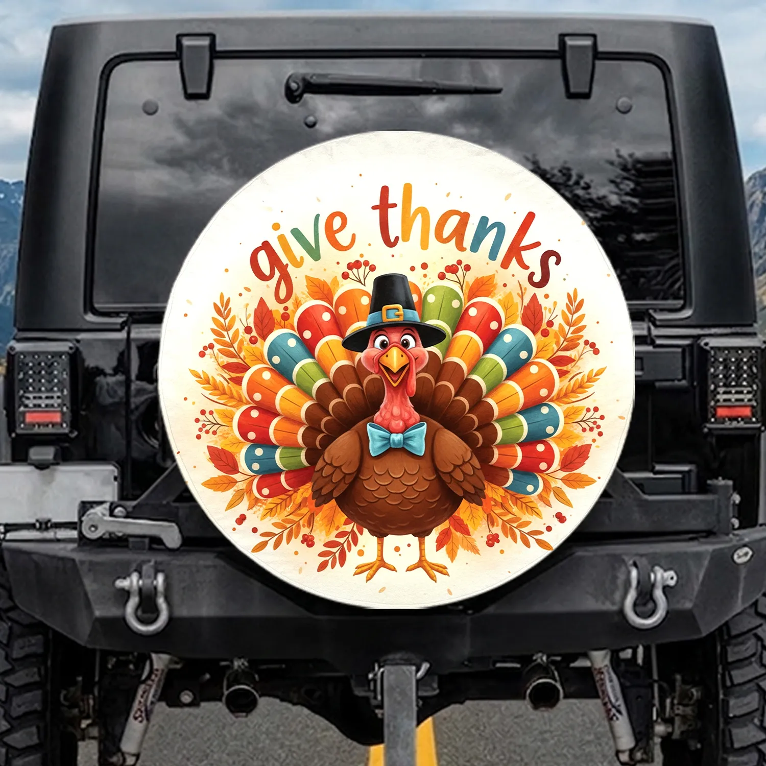 Pilgrim Turkey Give Thanks Autumn Foliage Berries - Thanksgiving Celebration Spare Tire Cover - 1