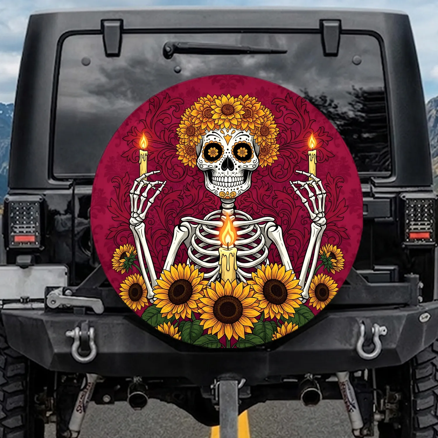 Marigold Crown Calavera Sugar Skull Candle - Day of the Dead Holiday Gift Spare Tire Cover - 1