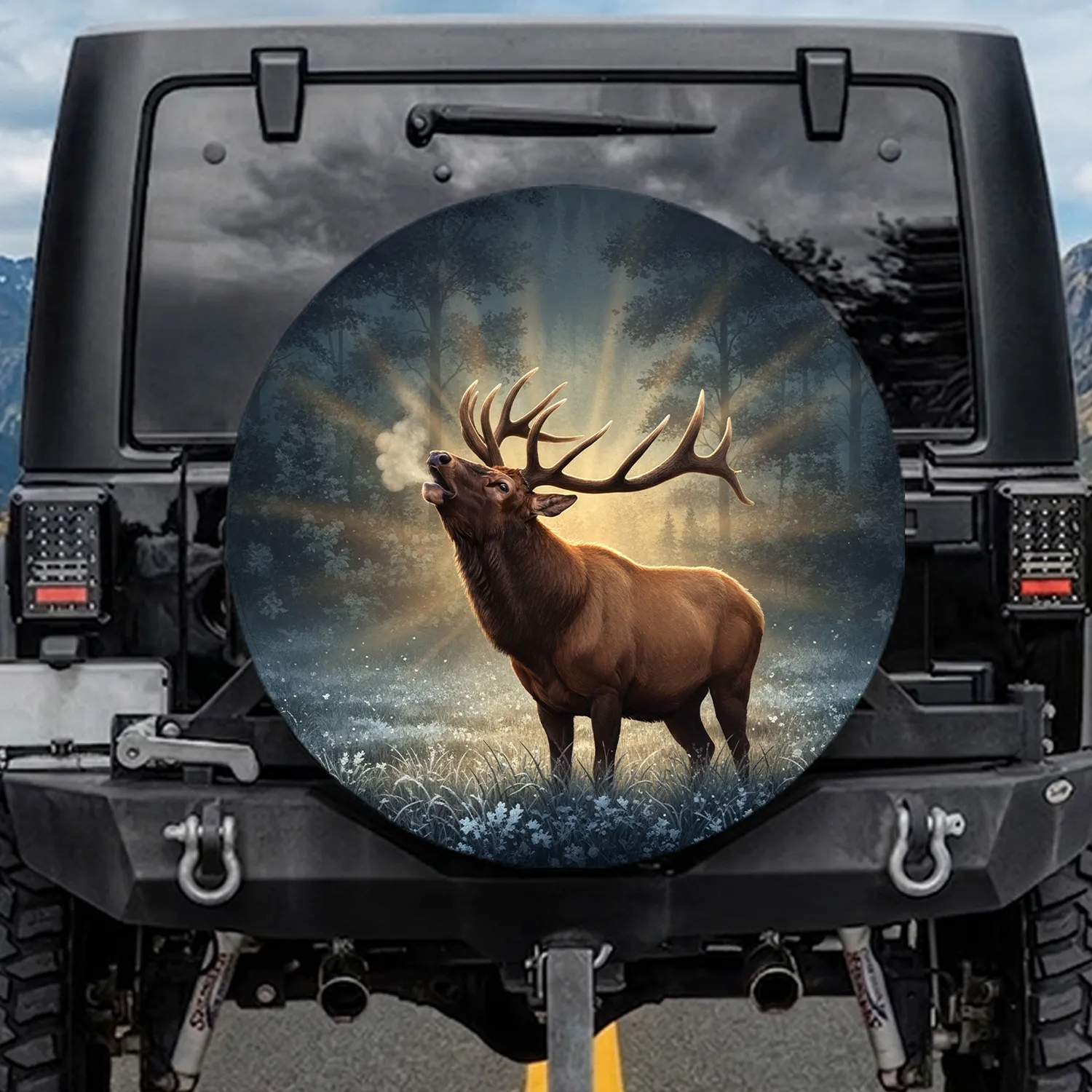 Bull Elk Bugling Frosty Forest - Wildlife Lover Outdoor Enthusiast Gift Spare Tire Cover - 1