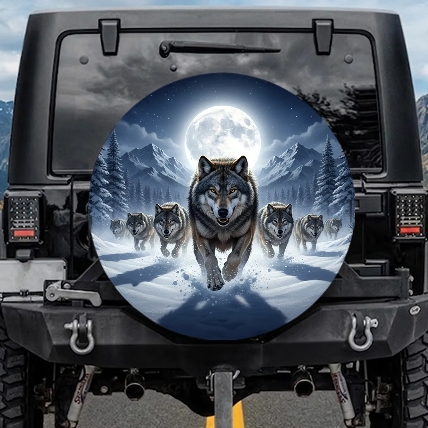 Wild Wolf Pack Snow Mountain Full Moon - Wildlife Lover Gift for Wolf Enthusiast Spare Tire Cover - 1