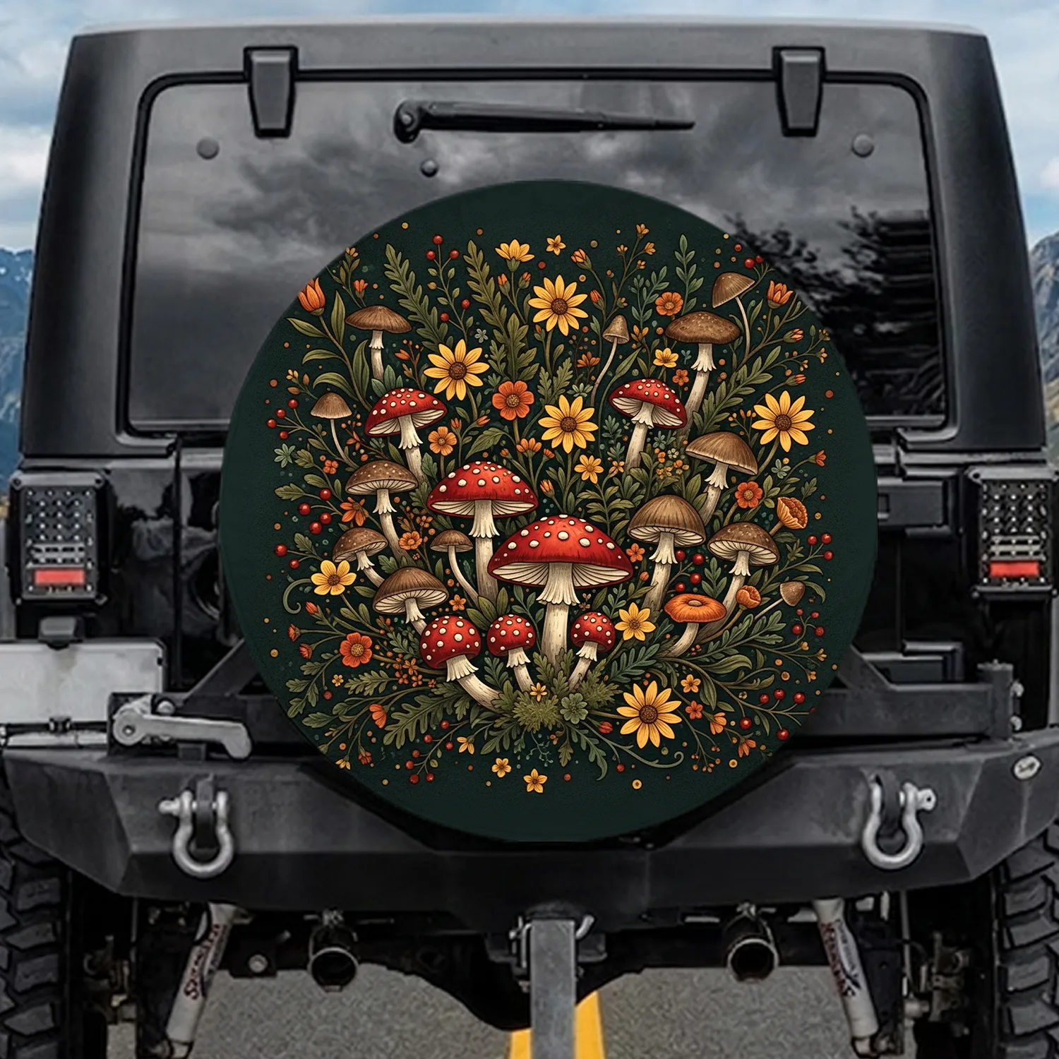 Deep Green Forest Red Mushroom Wildflower Moss Berries - Nature Lover Gardener Gift Spare Tire Cover - 1