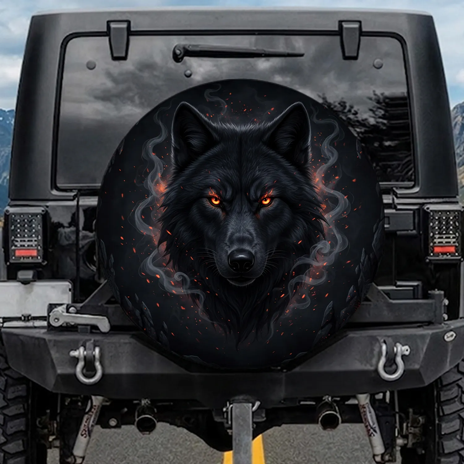Black Wolf Head Fiery Orange Eyes Dark Smoke Embers - Rugged Mystical Wildlife Lover Gift Spare Tire Cover - 1