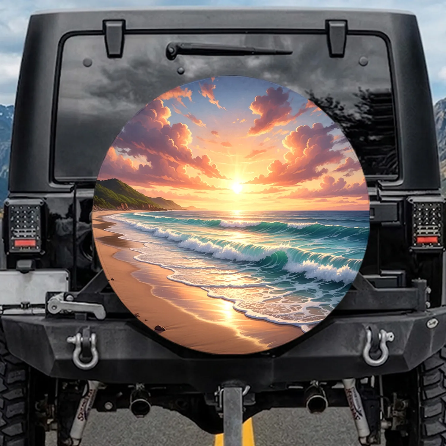 Majestic Sunset Beach Ocean Waves, Dramatic Sunset Clouds - Travel Essentials Gift Spare Tire Cover - 1