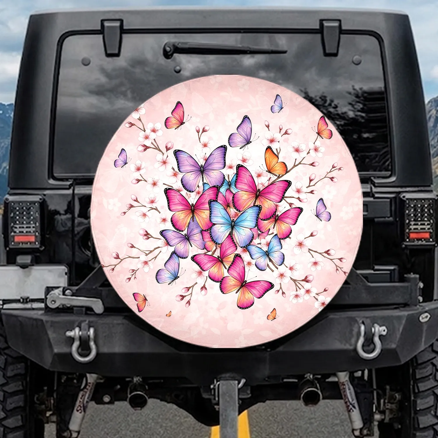 Iridescent Butterflies Cherry Blossoms Floral - Nature Lover Outdoor Decor Spare Tire Cover - 1