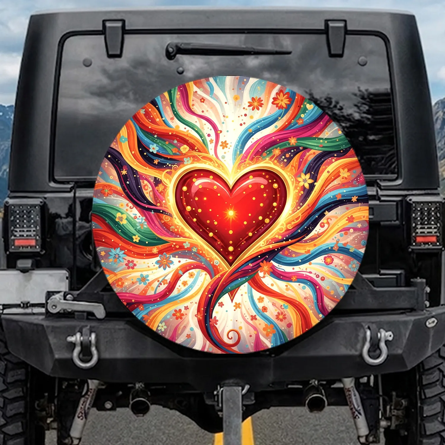 Glowing Red Heart Colorful Swirling Rays Golden Stars Flower Patterns - Vehicle Decor Gift Spare Tire Cover - 1
