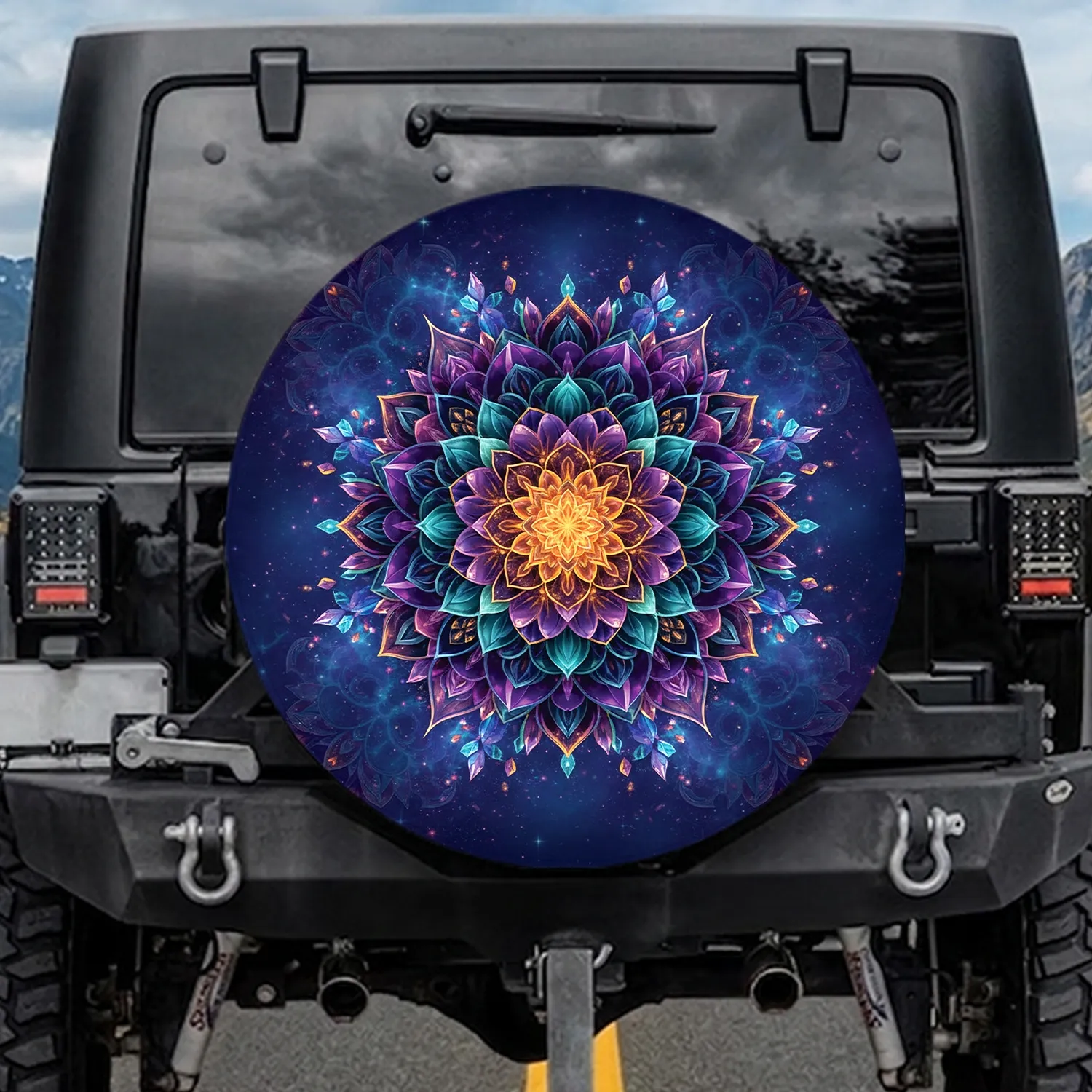 Multi-layered Symmetrical Floral Mandala Luminous Core Cosmic Starlight - Home Decor Gift Spare Tire Cover - 1