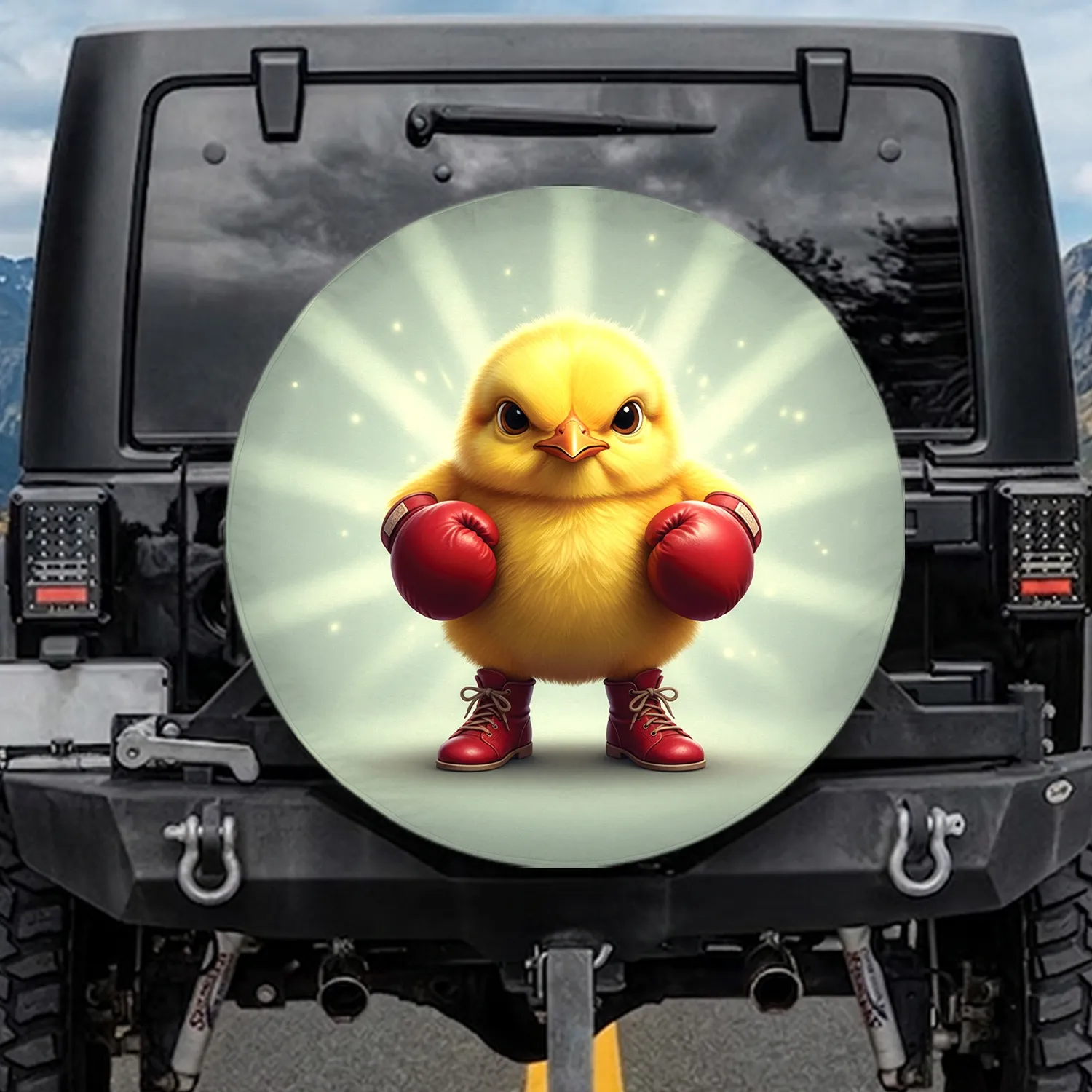 Fluffy Yellow Baby Chick Red Boxing Gloves and Boots - Home Decor Gift for Kids Spare Tire Cover - 1