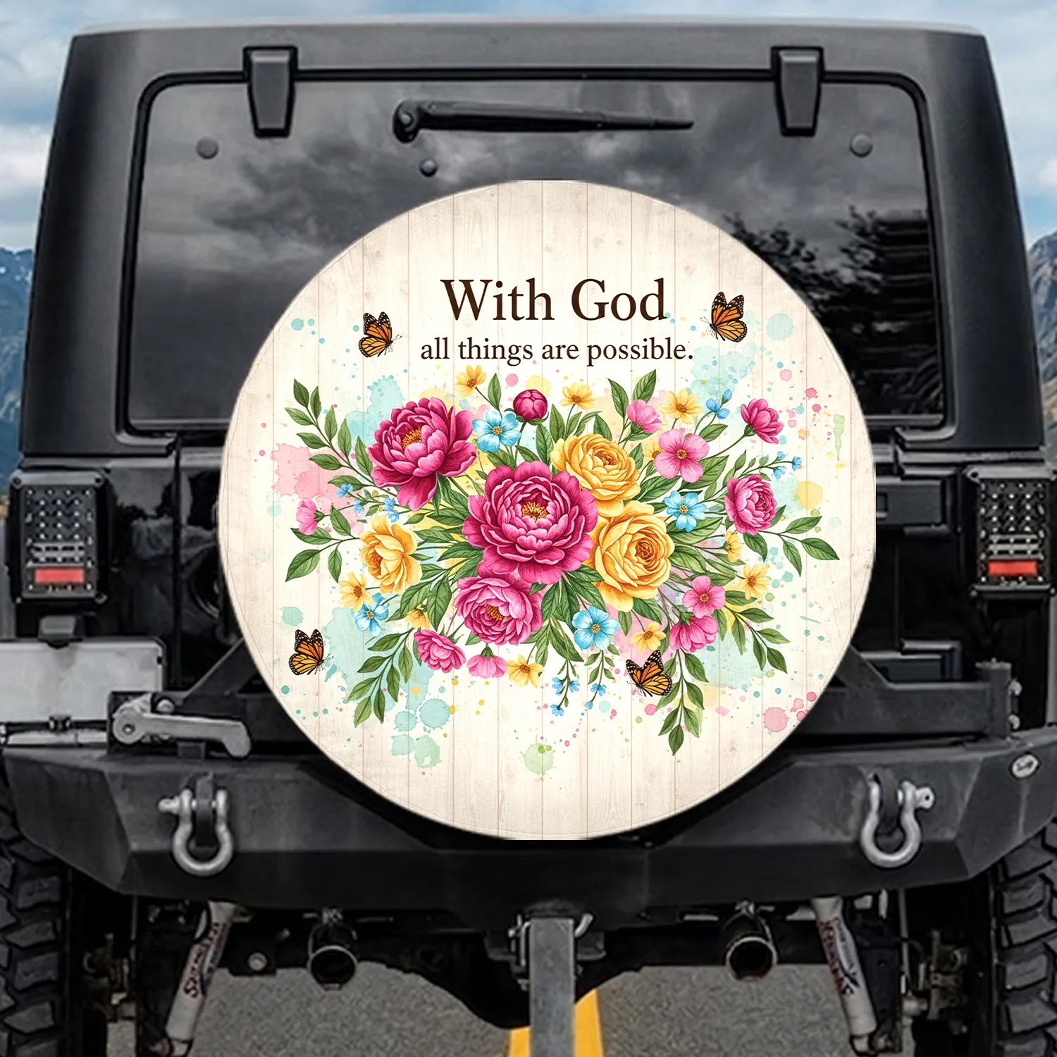 With God All Things Are Possible Floral Butterflies - Faith Home Decor Gift Spare Tire Cover - 1