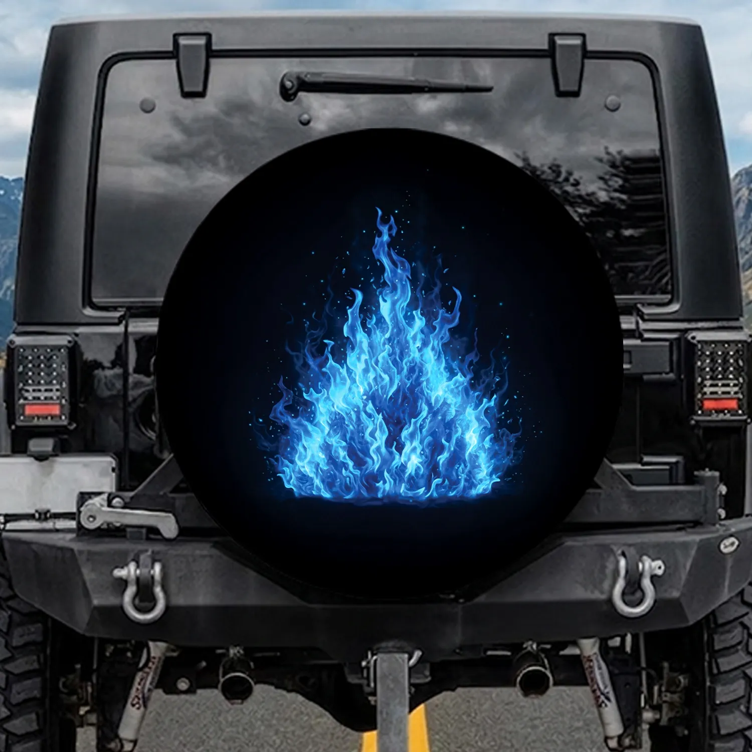 Roaring Electric Blue Cyan Flames in Midnight Blue Abyss Aura - Travel Essentials Gift Spare Tire Cover - 1