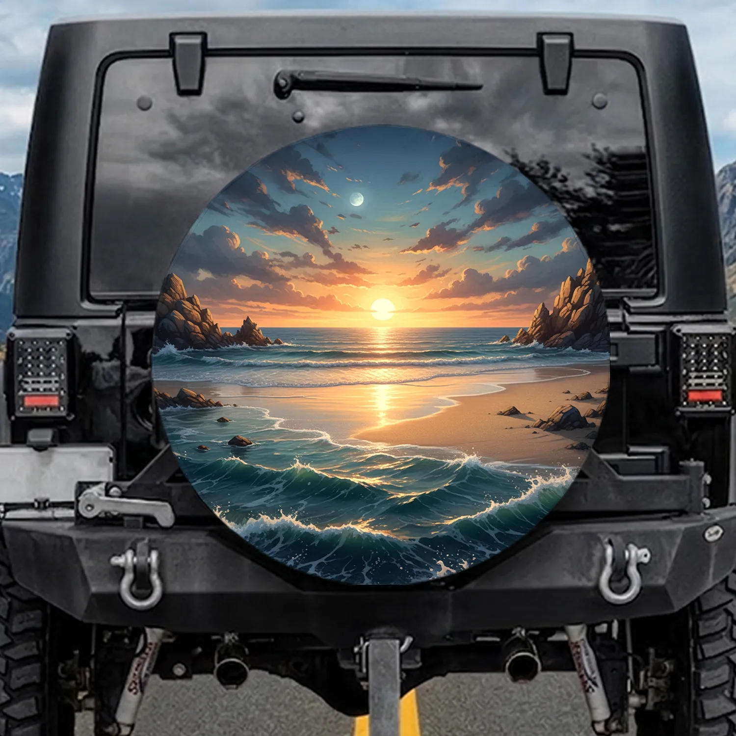 Sunset Beach Rocky Coastline Full Moon - Outdoor Adventure Gift Spare Tire Cover - 1
