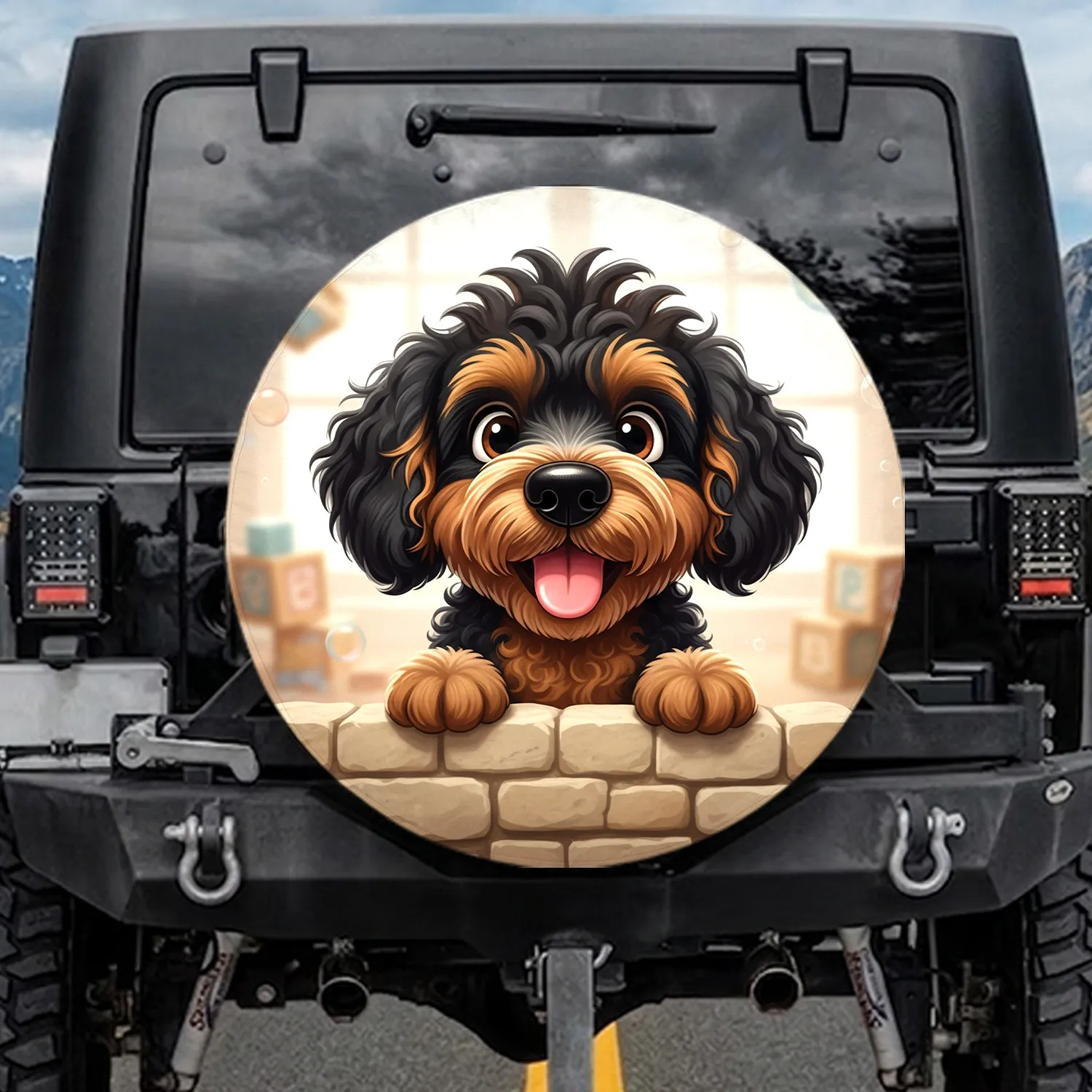 Fluffy Cartoon Dog Peeking Tongue - Dog Lover Lifestyle Gift Spare Tire Cover - 1