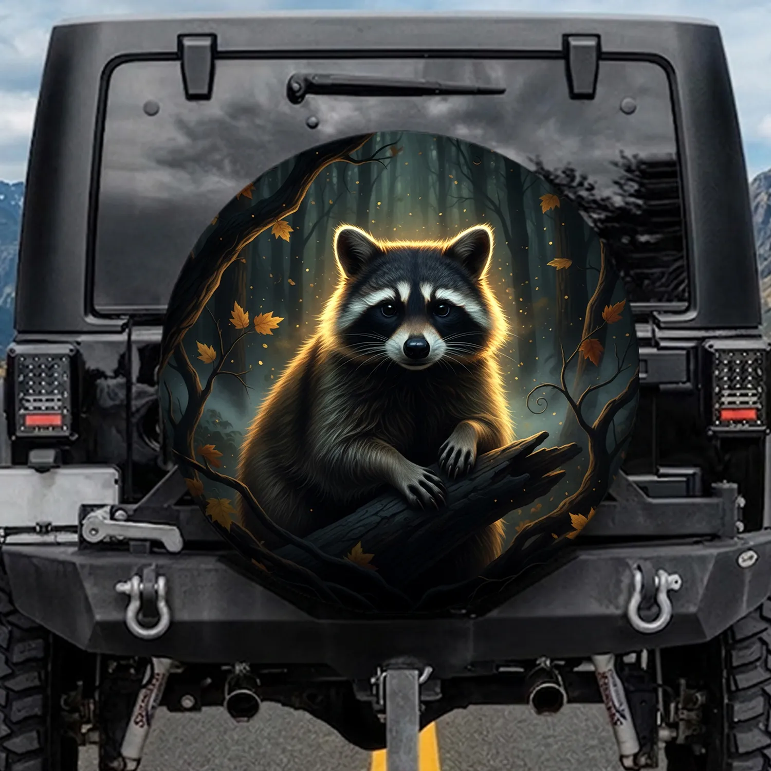 Realistic Raccoon Gnarled Branches Glowing Leaves Forest Night - Wildlife Lover Gift Spare Tire Cover - 1