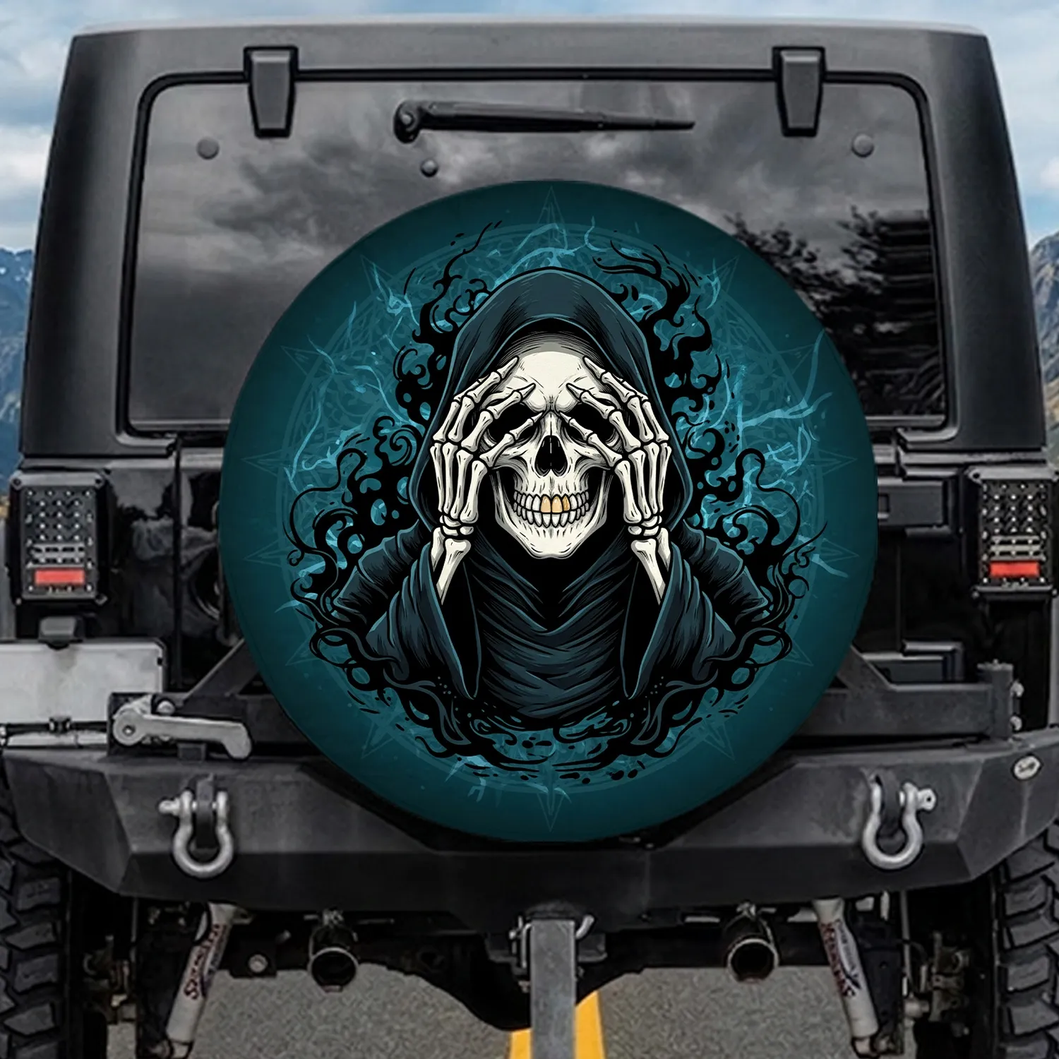 Bone Skull Grim Reaper See No Evil Dark Hooded Robe Ethereal Mist - Gothic Halloween Gift Spare Tire Cover - 1
