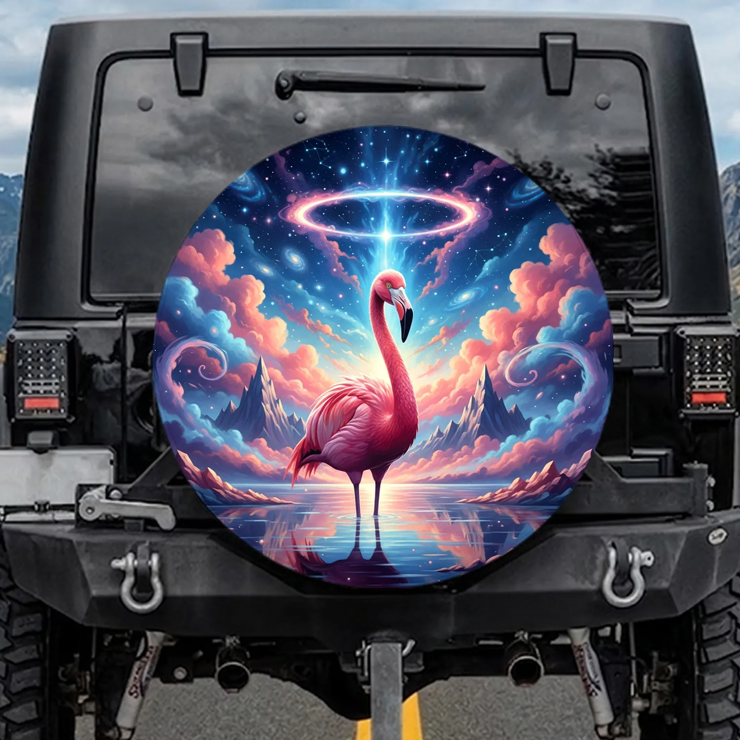 Pink Flamingo Reflective Water Cosmic Sky Nebula Peaks - Wildlife Lover Gift for Bird Lover Spare Tire Cover - 1
