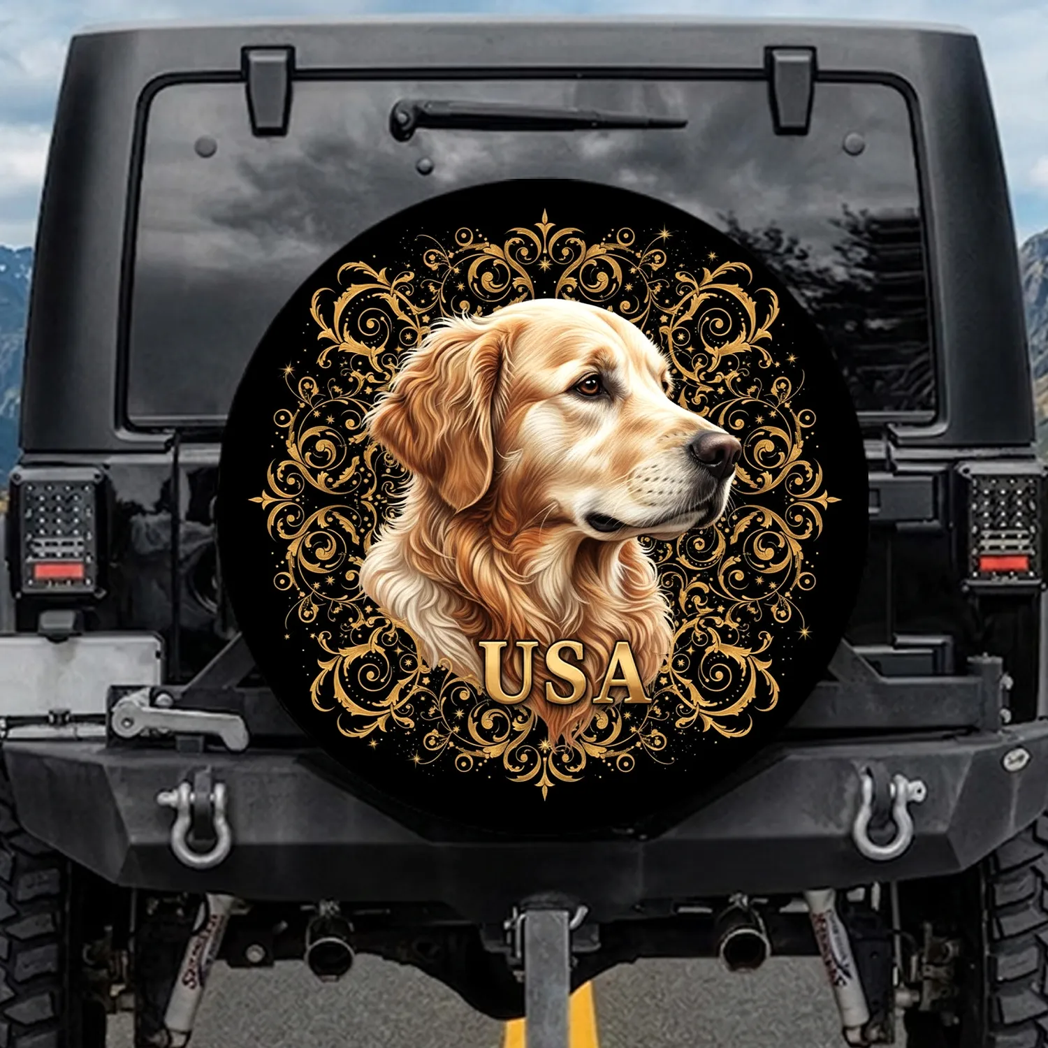 Realistic Golden Retriever Portrait Expressive Eyes USA Gold Filigree Stars - Dog Lover Gift Spare Tire Cover - 1