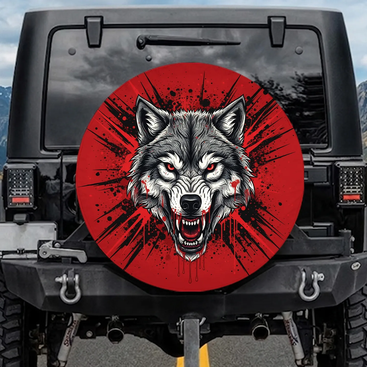 Snarling Wolf Head Red Eyes Crimson Drip Red Black Streaks - Wolf Lover Gift Spare Tire Cover - 1
