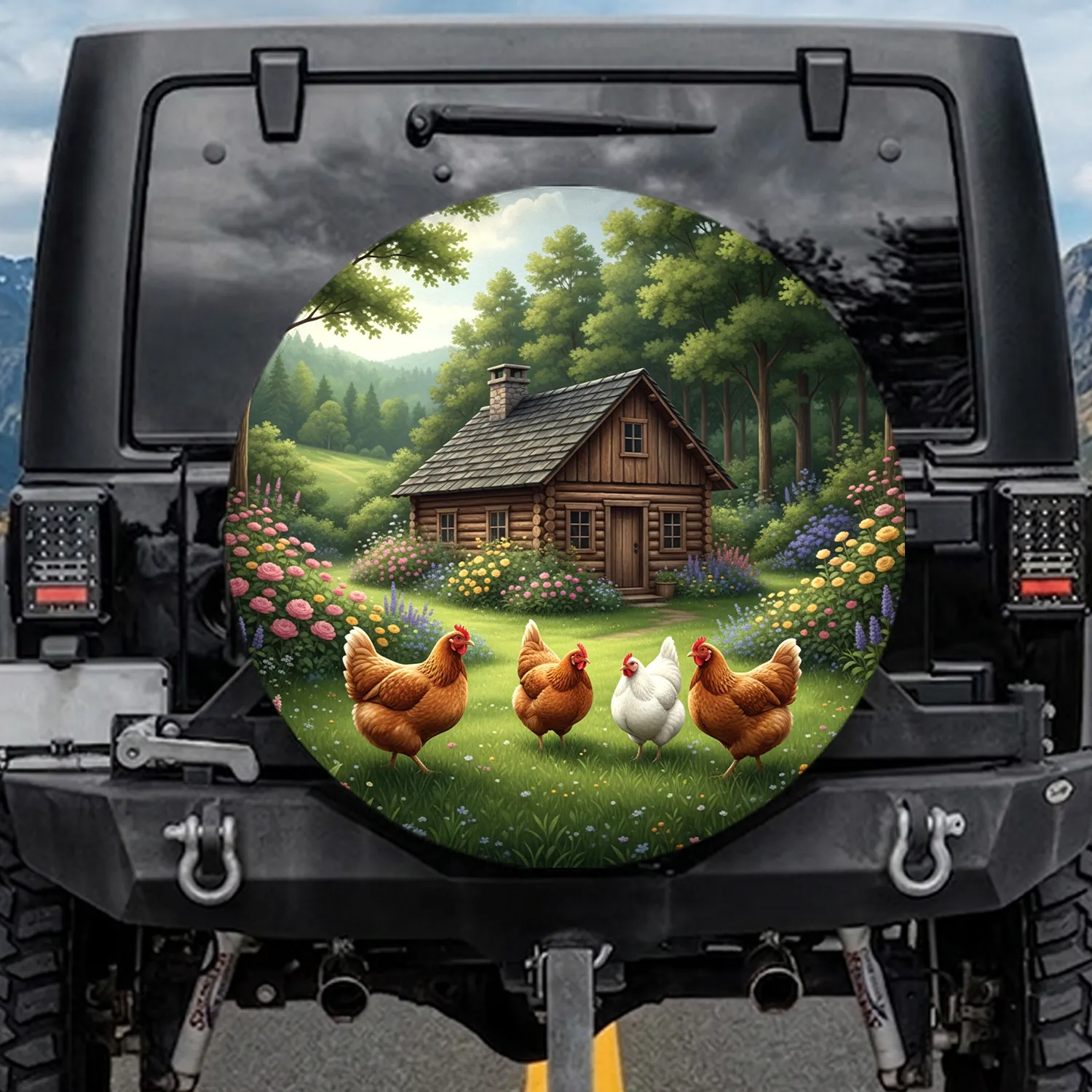 Rustic Log Cabin Chickens Garden Flowers - Farmhouse Decor Gift Spare Tire Cover - 1