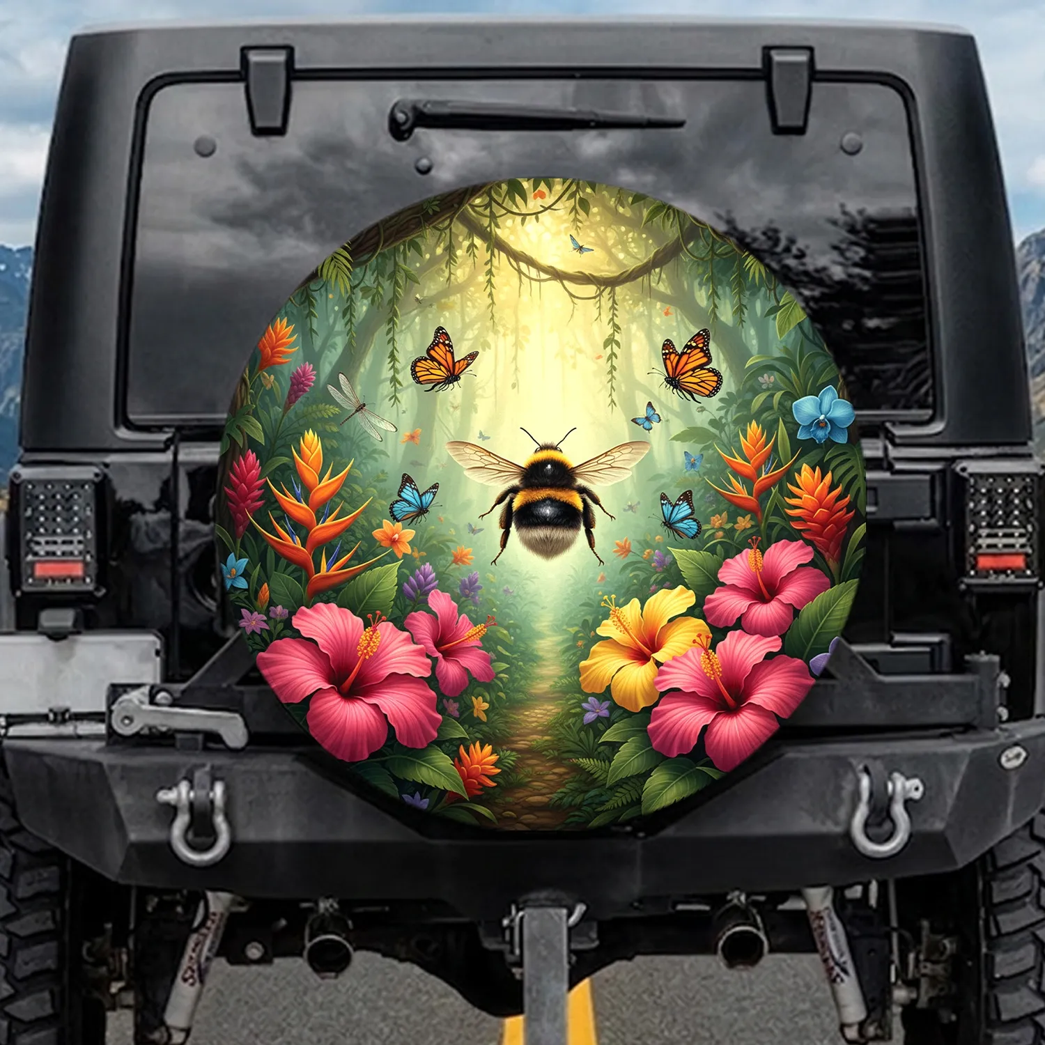 Bumblebee Tropical Hibiscus Monarch Butterfly - Wildlife Lover Gift for Travelers Spare Tire Cover - 1