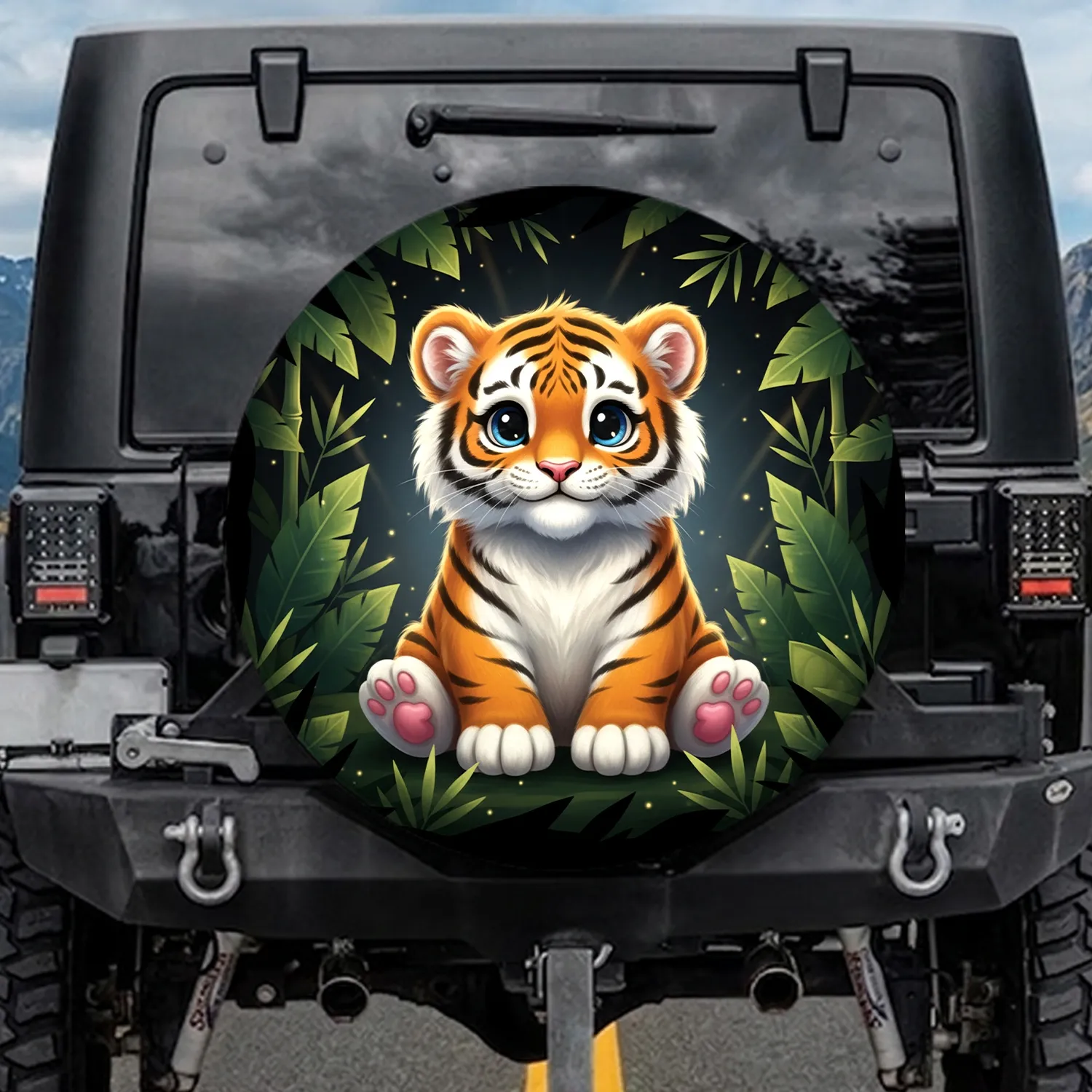 Smiling Fluffy Baby Tiger Cub Jungle Leaves - Wildlife Lover Gift Spare Tire Cover - 1